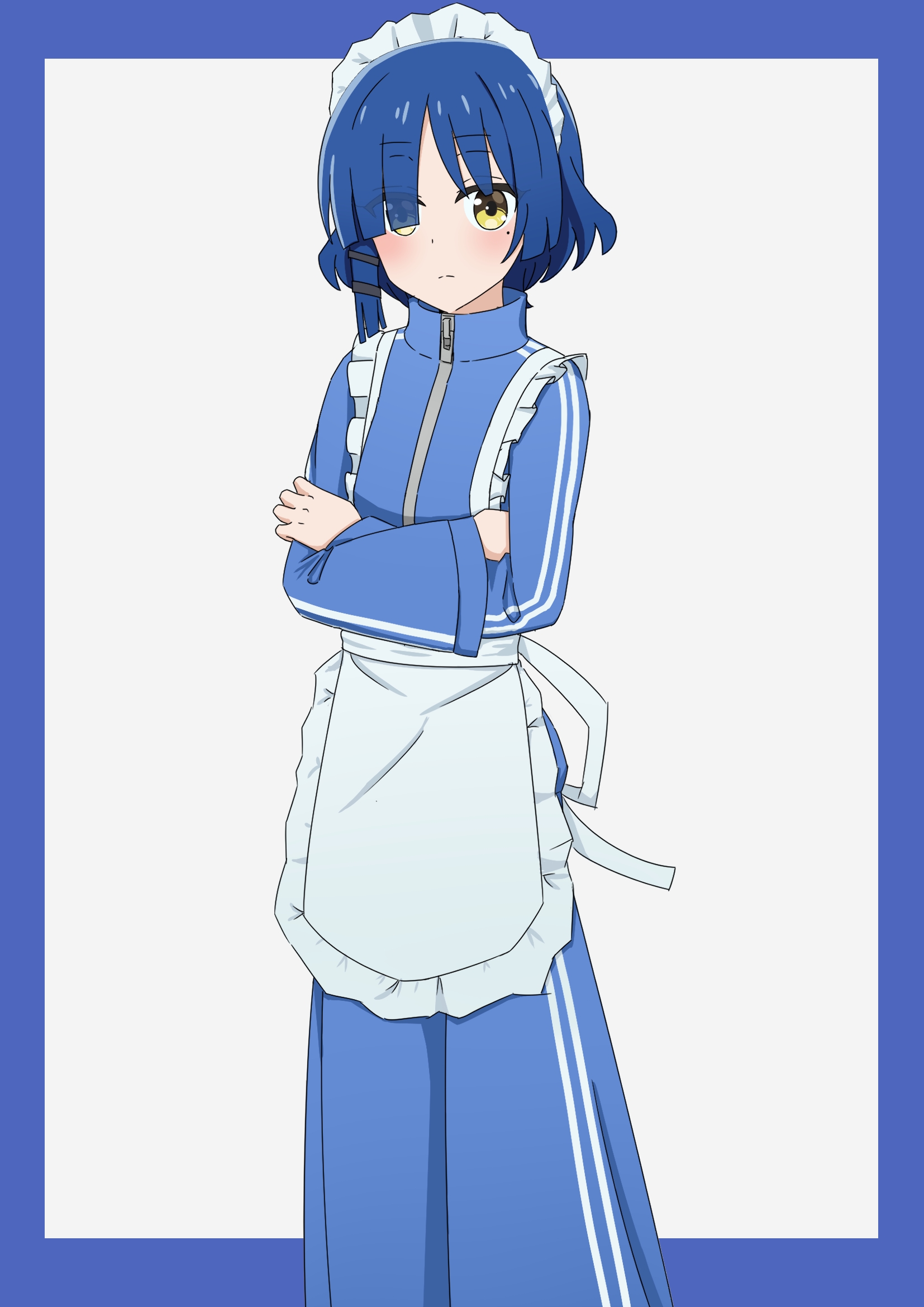 wanigi, yamada ryo, bocchi the rock!, highres, 1girl, alternate costume, apron, blue border, blue hair, blue pants, blue track suit, border, crossed arms, enmaided, hair ornament, hairclip, jersey maid, long sleeves, looking at viewer, loose pants, maid, maid headdress, mole, mole under eye, pants, parallel hairclips, short hair, simple background, solo, track pants, track suit, unconventional maid, white apron, white background, yellow eyes, zipper pull tab