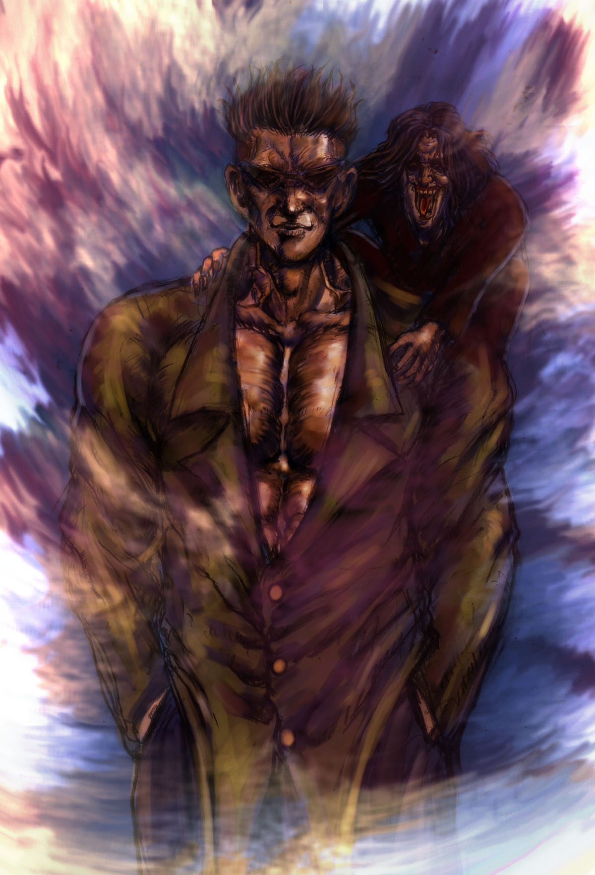 bccp, toguro ani, toguro otouto, yuu yuu hakusho, bad id, bad pixiv id, highres, 2boys, black hair, brothers, creepy, male focus, manly, multiple boys, muscular, siblings, sunglasses