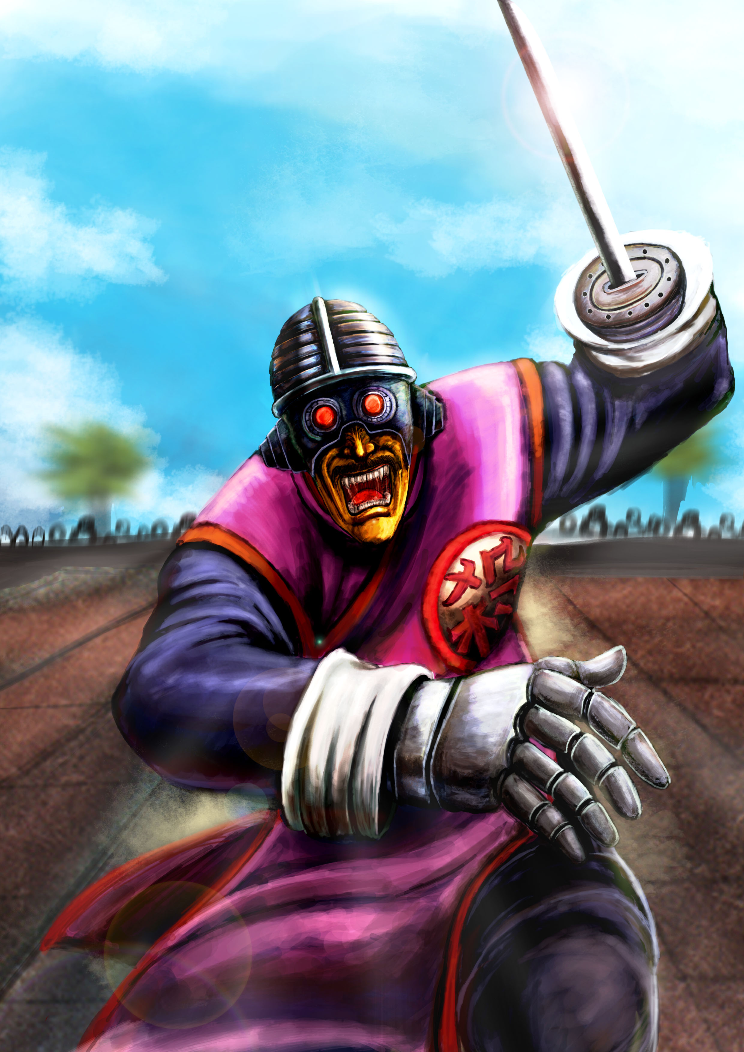 bccp, tao pai pai, dragon ball, absurdres, bad id, bad pixiv id, highres, spoilers, 1boy, angry, chinese clothes, cyborg, facial hair, fang, goggles, helmet, male focus, mustache, outdoors, sky, solo, sword, weapon