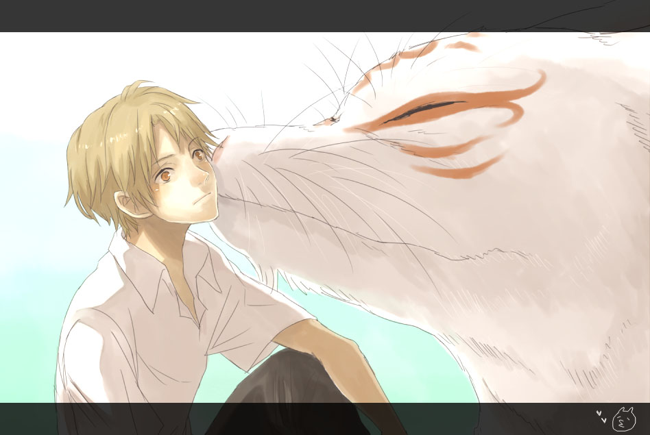 rwk, madara (natsume yuujinchou), natsume takashi, nyanko-sensei, natsume yuujinchou, bad id, bad pixiv id, 00s, 1boy, ^ ^, brown eyes, brown hair, closed eyes, collarbone, dress shirt, long sleeves, male focus, pants, shirt, short hair, sitting, upper body, whiskers, white shirt, wolf