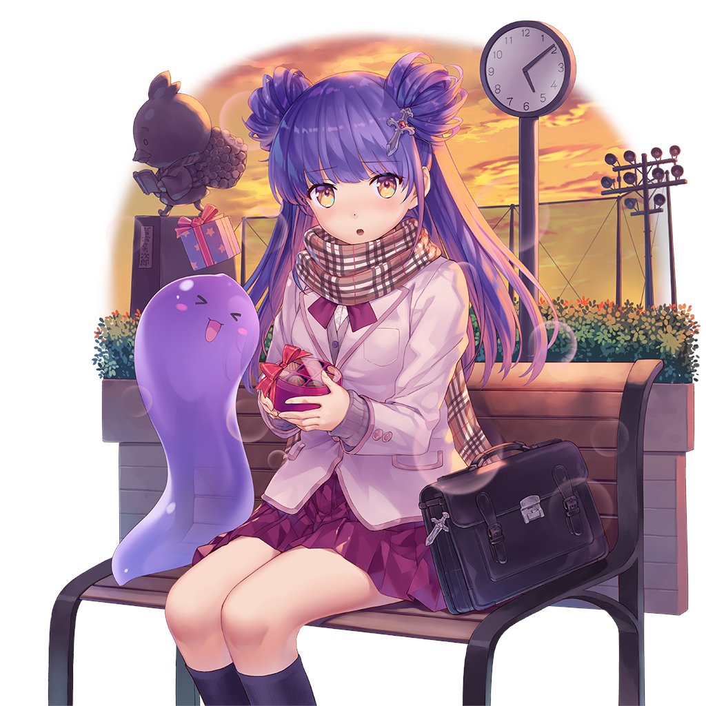 uchi no hime-sama ga ichiban kawaii, 1girl, arne q klose, bag, black socks, blunt bangs, bow, bowtie, box, clock, double bun, gift, gift box, hair bun, jacket, kneehighs, long hair, on bench, park, pink bow, pink bowtie, pink jacket, pink skirt, plaid clothes, plaid scarf, purple hair, scarf, school bag, school uniform, sitting, skirt, slime (creature), socks, twilight, yellow eyes