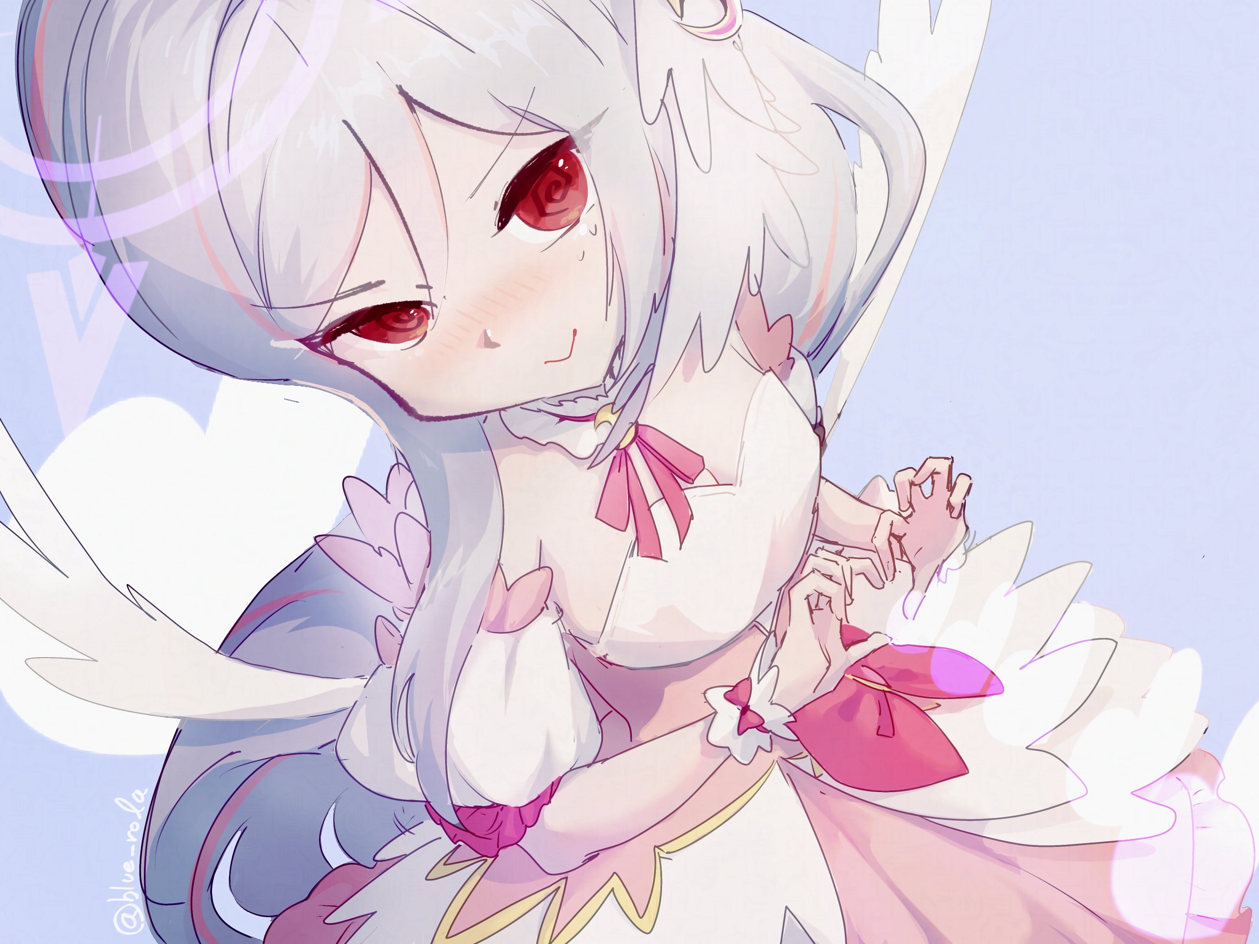 blue rola, suzumi (blue archive), suzumi (magical) (blue archive), blue archive, absurdres, commentary request, highres, 1girl, bare shoulders, breasts, cleavage, crescent, crescent hair ornament, detached sleeves, dress, fake wings, from above, hair between eyes, hair ornament, halo, head wings, heart, heart background, heart hands, long hair, looking at viewer, magical girl, multicolored hair, nervous, pink dress, purple halo, red eyes, single head wing, solo, streaked hair, sweatdrop, very long hair, white hair, wings, wrist cuffs