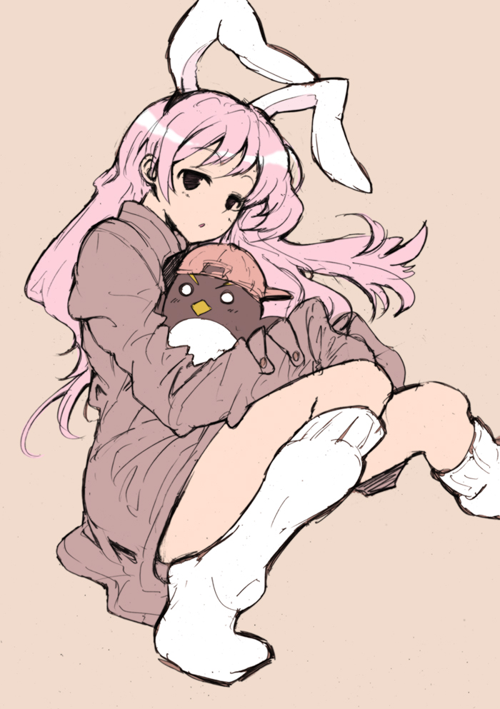 aki masanari, original, animal ears, bird, hat, leg warmers, long hair, loose socks, penguin, pink hair, rabbit ears, socks, solo