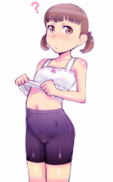 em (totsuzen no hakike), doujima nanako, atlus, persona, persona 4, 1girl, ?, bike shorts, brown eyes, brown hair, cameltoe, female focus, loli, navel, no panties, short hair, solo, tank top, twintails, underwear, underwear only, undressing