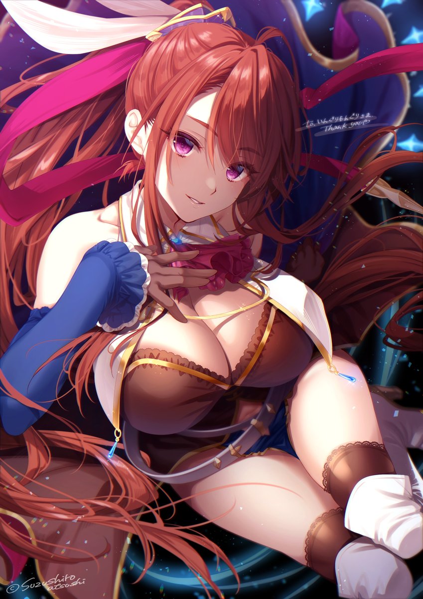 suzushiro atsushi, ingrid (sennen sensou aigis), sennen sensou aigis, commentary request, commission, highres, second-party source, skeb commission, 1girl, bare shoulders, black gloves, black thighhighs, breasts, brown hair, cleavage, commissioner name, epaulettes, gloves, hair ribbon, large breasts, long hair, long ribbon, looking at viewer, parted lips, ponytail, purple eyes, purple ribbon, ribbon, solo, thank you, thighhighs, twitter username, very long hair