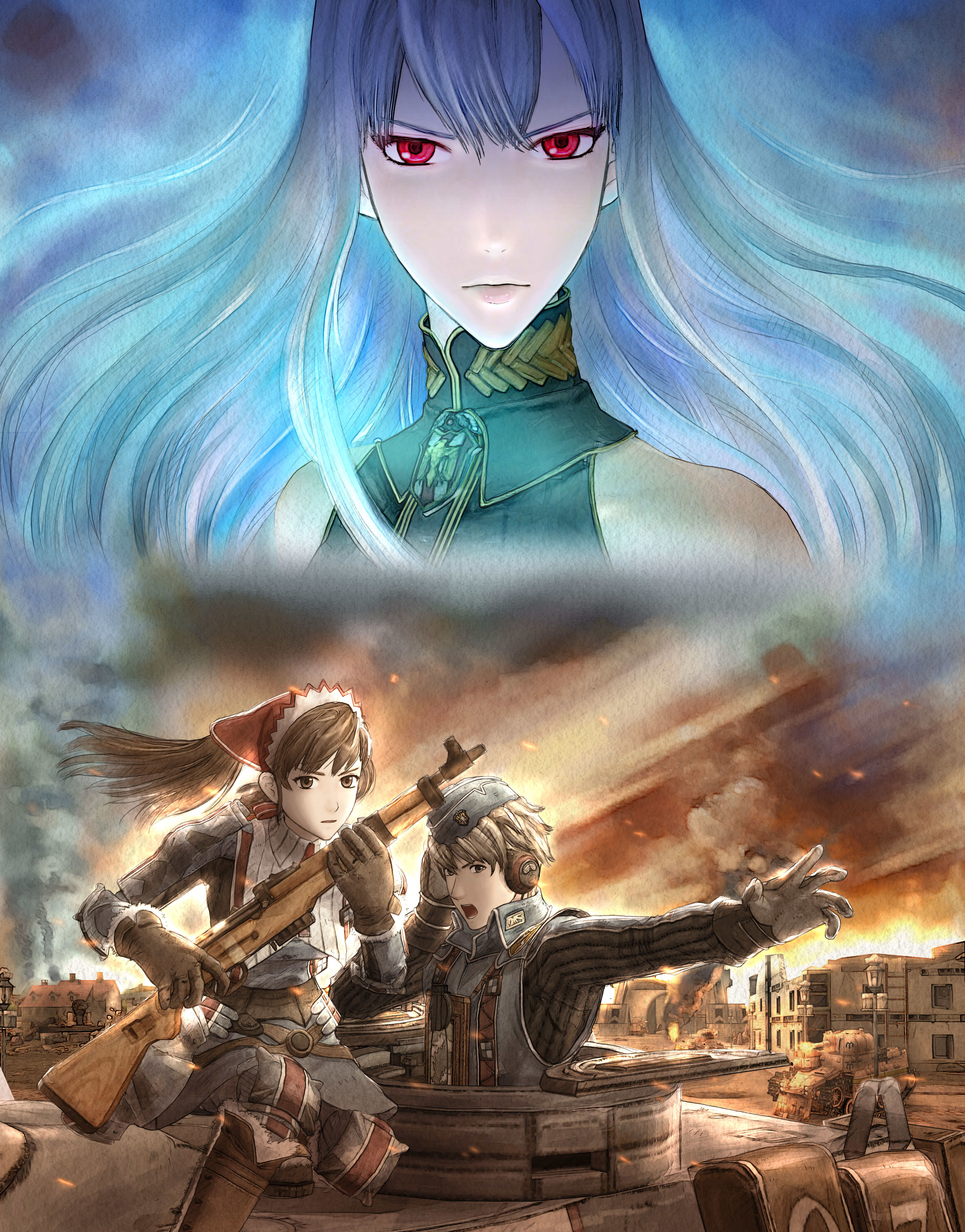 alicia melchiott, selvaria bles, welkin gunther, senjou no valkyria, senjou no valkyria (series), senjou no valkyria 1, vehicle, absurdres, highres, official art, 00s, 1boy, 2girls, blue hair, brown eyes, brown hair, gloves, gun, long hair, military, military uniform, military vehicle, motor vehicle, multiple girls, red hair, tank, twintails, weapon