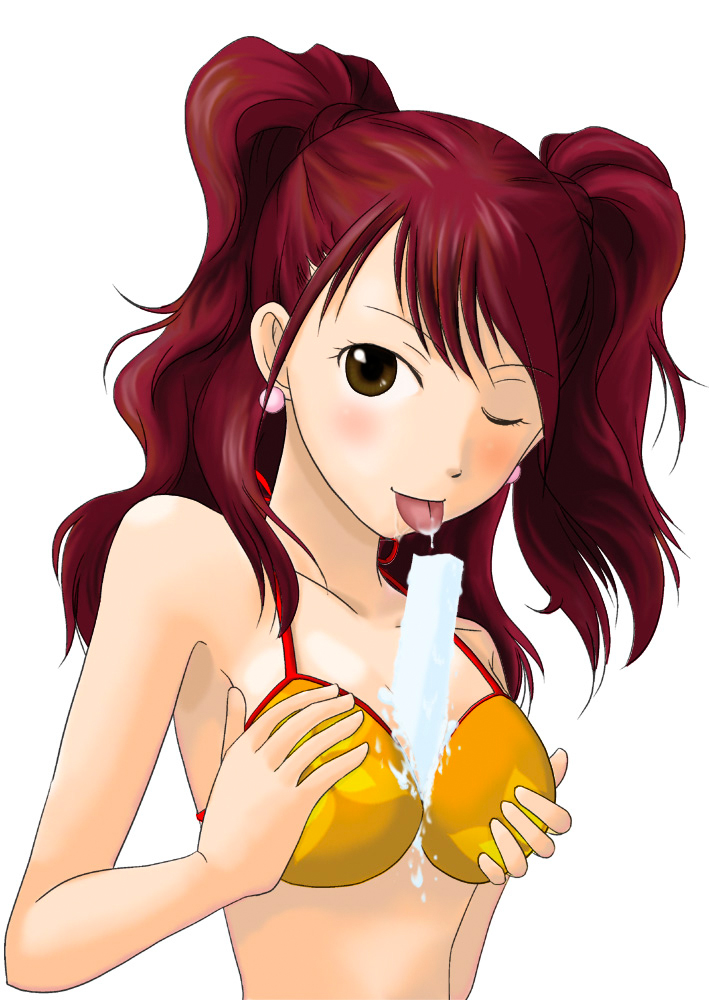 orekichiz, kujikawa rise, atlus, persona, persona 4, breast hold, bad id, bad pixiv id, 1girl, bikini, breasts, breasts squeezed together, brown eyes, brown hair, female focus, food, long hair, medium breasts, one eye closed, popsicle, red hair, sexually suggestive, solo, swimsuit, twintails, wink, yellow bikini