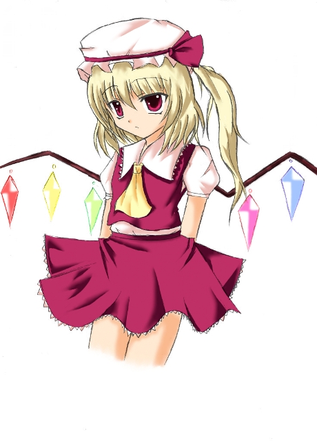 flandre scarlet, touhou, bad id, bad pixiv id, 1girl, blonde hair, blouse, collared shirt, female focus, hat, mob cap, red eyes, shirt, simple background, solo, standing, white background, white hat, white shirt, wings