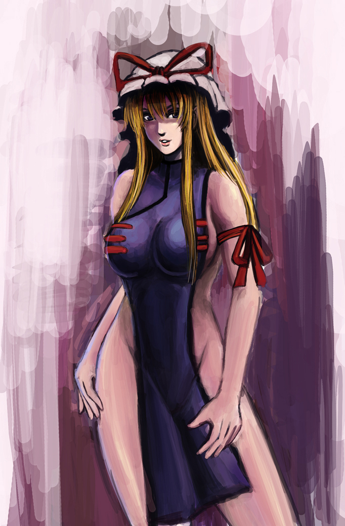 bccp, yakumo yukari, touhou, bad id, bad pixiv id, 1girl, blonde hair, breasts, female focus, large breasts, long hair, naked tabard, ribbon, solo, tabard