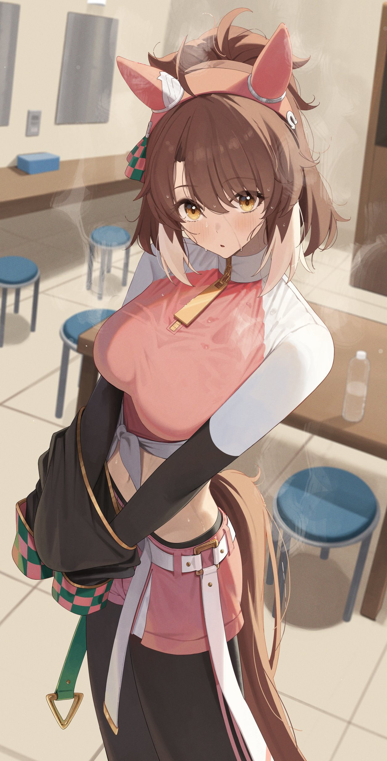 ningen gokko, dantsu flame (umamusume), umamusume, absurdres, highres, mixed-language commentary, 1girl, animal ears, belt, black leggings, blush, brown eyes, brown hair, brown tail, chair, crop top, dantsu flame (center spotlight) (umamusume), ear covers, feet out of frame, horse ears, horse girl, horse tail, indoors, leggings, long hair, looking at viewer, midriff, navel, open mouth, pink shirt, pink shorts, ponytail, shirt, short shorts, shorts, shrug (clothing), solo, standing, sweat, tail, white belt, white streaks