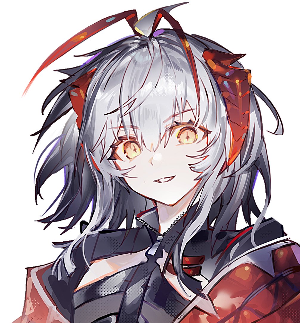 yeonan, w (arknights), wis'adel (arknights), arknights, 1girl, antenna hair, demon girl, demon horns, grey hair, horns, light smile, looking at viewer, medium hair, orange eyes, parted lips, red horns, simple background, solo, teeth, upper body, white background