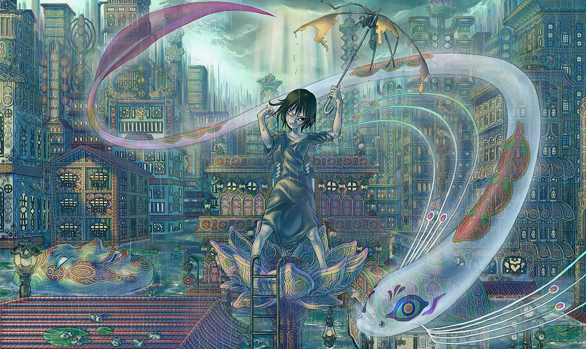 asano, asano (shikisokuzekuu), bad id, bad pixiv id, 1girl, architecture, building, cityscape, colorful, female focus, rain, solo, umbrella, water
