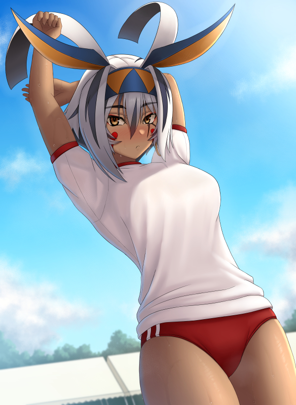 chuppa (katotsuba), nitocris (fate), nitocris alter (fate), fate/grand order, fate (series), 1girl, animal ears, antenna hair, arms up, black hair, blue sky, blush, breasts, buruma, colored inner hair, dark-skinned female, dark skin, earrings, facepaint, facial mark, gym shirt, gym shorts, gym uniform, hairband, hoop earrings, jackal ears, jewelry, looking at viewer, medium breasts, multicolored hair, red buruma, shirt, short hair, short sleeves, shorts, sidelocks, sky, solo, streaked hair, thighs, white hair, white shirt, yellow eyes