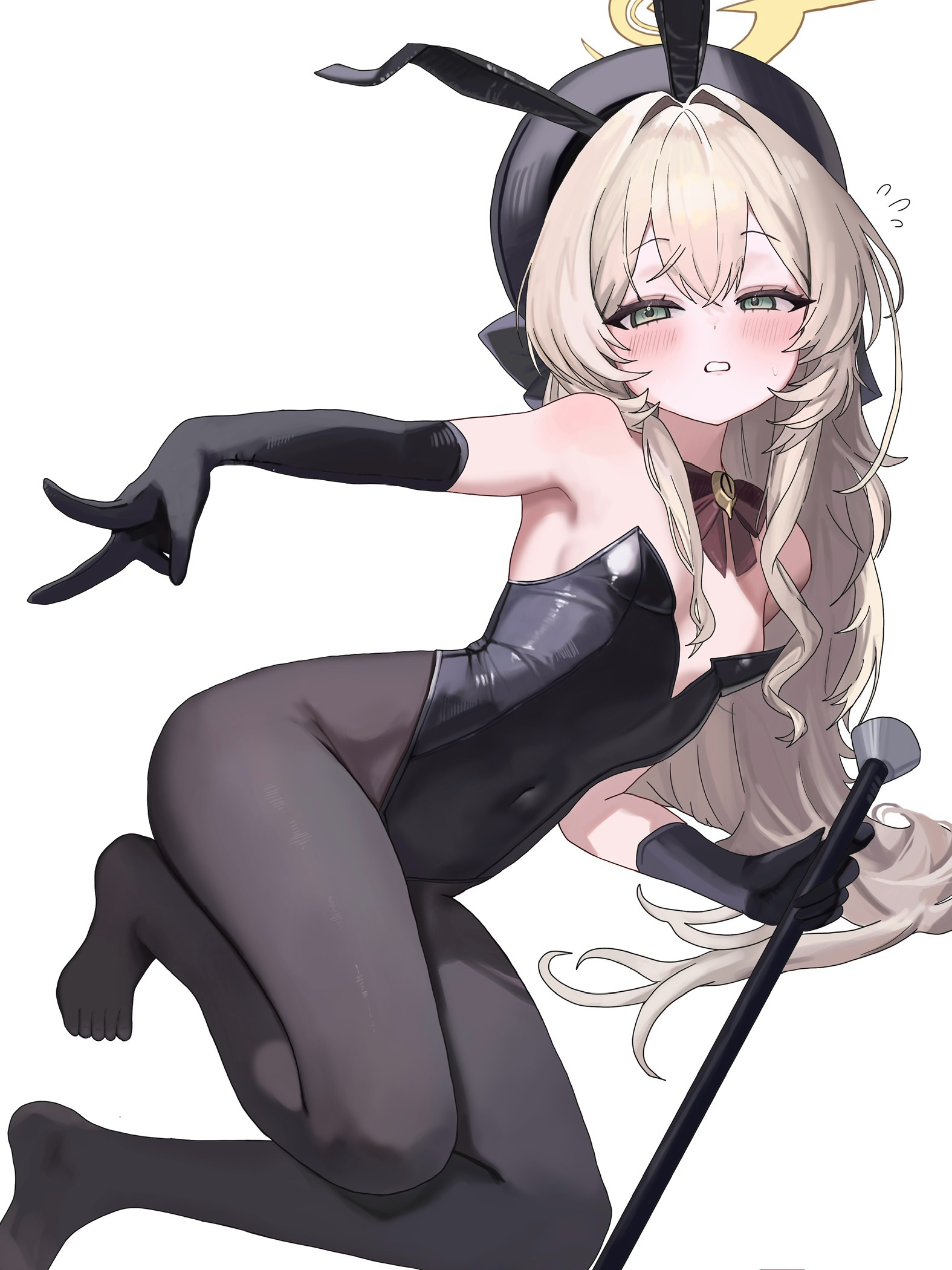 shogunx1x, professor niyaniya (blue archive), blue archive, highres, 1girl, alternate costume, bare shoulders, black gloves, black hairband, black hat, black leotard, black pantyhose, blonde hair, blush, cane, covered navel, elbow gloves, flat chest, gloves, green eyes, hair between eyes, hairband, halo, hat, highleg, highleg leotard, holding, holding cane, leotard, long hair, no shoes, pantyhose, parted lips, playboy bunny, solo, strapless, strapless leotard, yellow halo