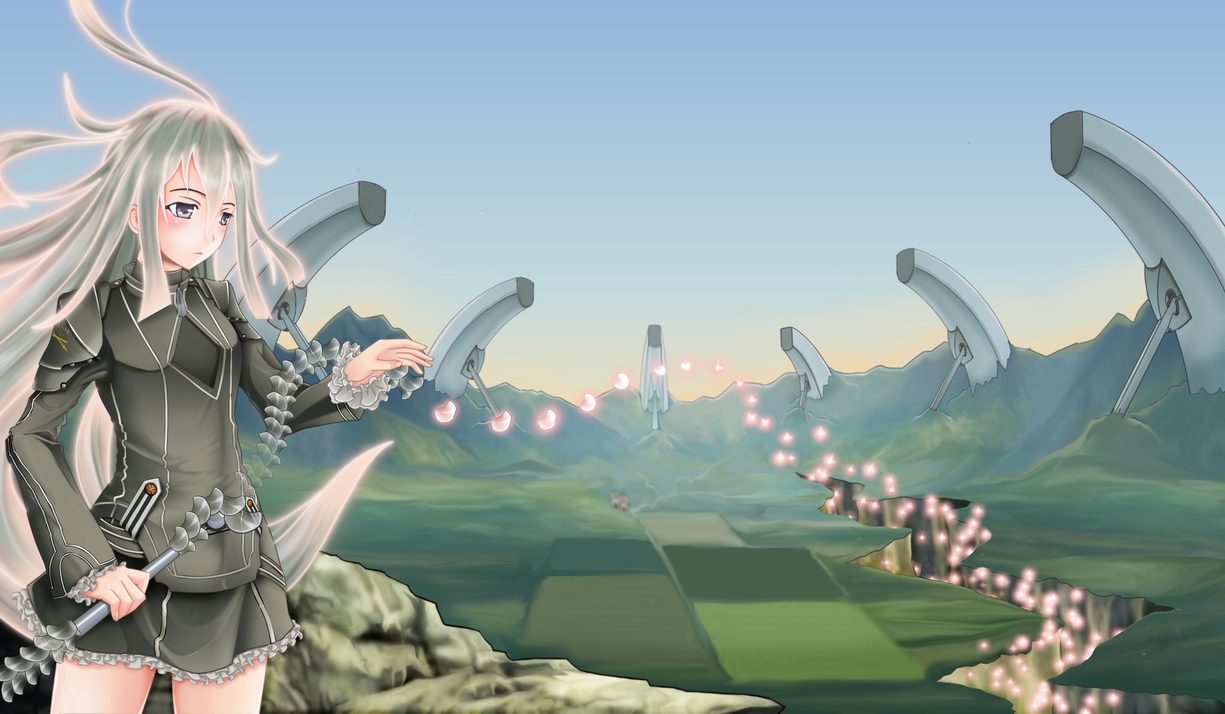 cruizer, felli loss, koukaku no regios, uniform, bad id, bad pixiv id, 1girl, day, female focus, frilled skirt, frills, grey eyes, landscape, long hair, skirt, sky, solo, standing, very long hair, white hair