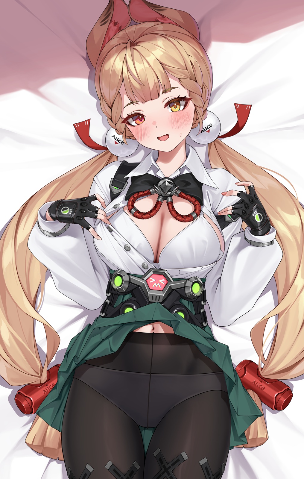 matrix16, alice thymefield, zenless zone zero, highres, 1girl, animal ears, black bow, black gloves, black pantyhose, blonde hair, blush, bow, bra, braid, breasts, cleavage, clothes lift, fingerless gloves, gloves, green eyes, green skirt, heterochromia, high-waist skirt, large breasts, low twintails, open clothes, open mouth, open shirt, panties, panties under pantyhose, pantyhose, rabbit ears, rabbit girl, red eyes, shirt, skirt, skirt lift, solo, sweatdrop, thigh gap, twintails, underwear, white bra, white shirt