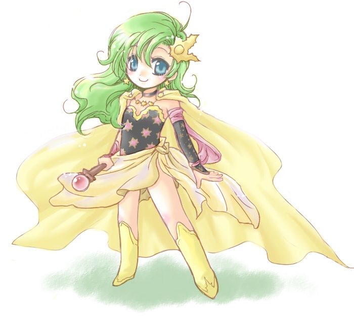 sakumi (uruneko), rydia (ff4), rydia (young) (ff4), final fantasy, final fantasy iv, 1990s (style), 1girl, aged down, blue eyes, boots, bridal gauntlets, cape, chibi, child, choker, earrings, female focus, full body, gradient background, green hair, jewelry, leotard, retro artstyle, smile, solo, wand, yellow boots