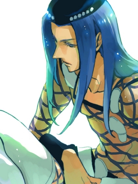 matsuo shin, narciso anasui, jojo no kimyou na bouken, stone ocean, bad id, bad pixiv id, 1boy, arm warmers, blue hair, closed eyes, collarbone, cross-laced clothes, expressionless, fishnet top, fishnets, hat, long hair, long sleeves, male focus, pants, parted lips, sarong, simple background, solo, spikes, thighhighs, white background, white pants, white thighhighs