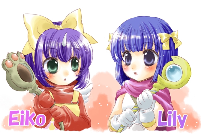 sakumi (uruneko), eiko carol, hero's daughter (dq5), dragon quest, dragon quest v, final fantasy, final fantasy ix, 00s, 2girls, blue eyes, blue hair, blush, bow, character name, child, comparison, crossover, gloves, green eyes, hair bow, horns, look-alike, multiple girls, purple hair, short hair, single horn, staff, upper body, wand