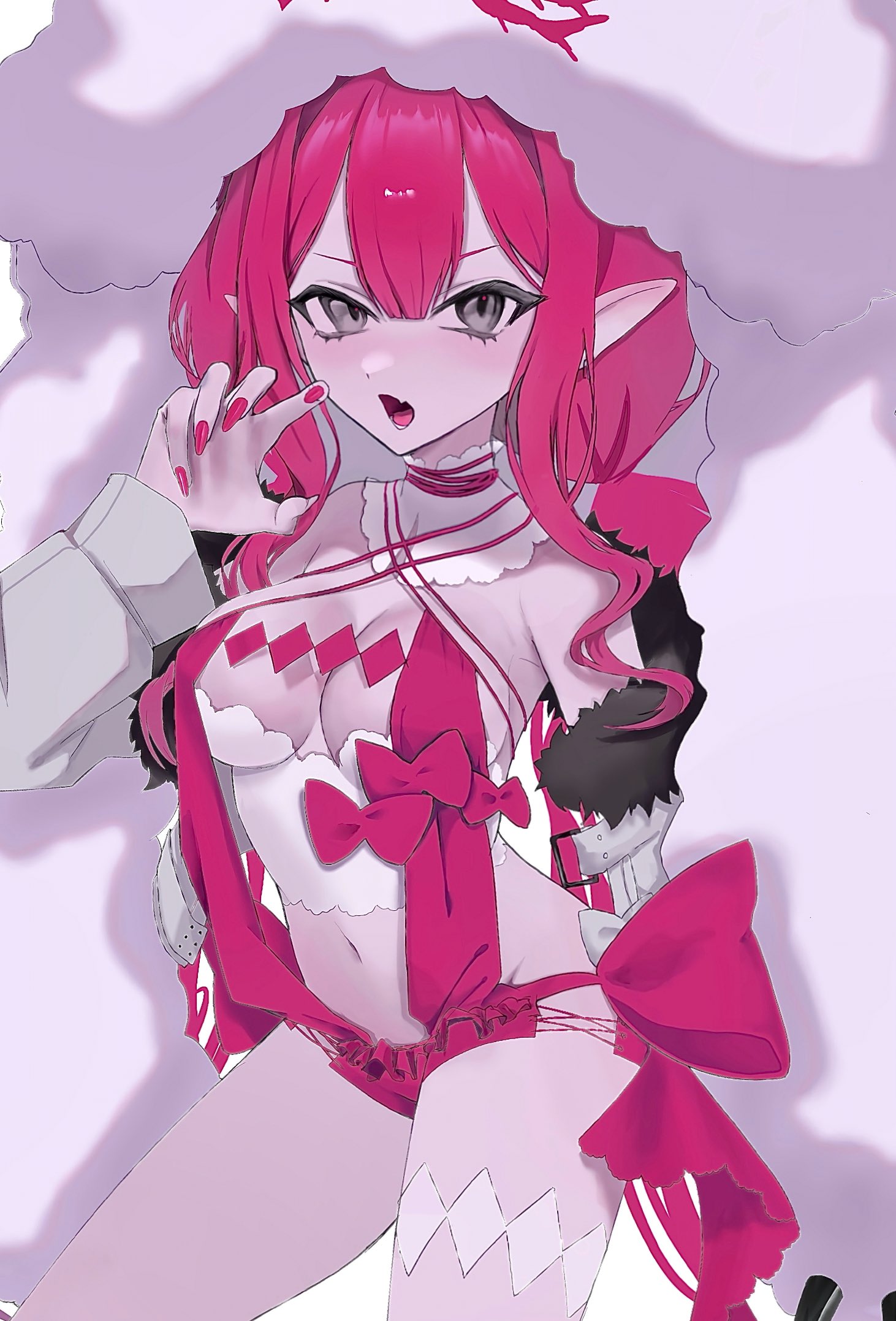 baobhan sith (fate), baobhan sith (swimsuit pretender) (first ascension) (fate), fate/grand order, fate (series), highres, 1girl, blush, breasts, camisole, cleavage, detached collar, fang, fur-trimmed jacket, fur trim, grey eyes, jacket, long hair, looking at viewer, medium breasts, micro shorts, navel, open mouth, pink hair, pink nails, pointy ears, rami (zwndu0), shorts, sidelocks, skin fang, solo