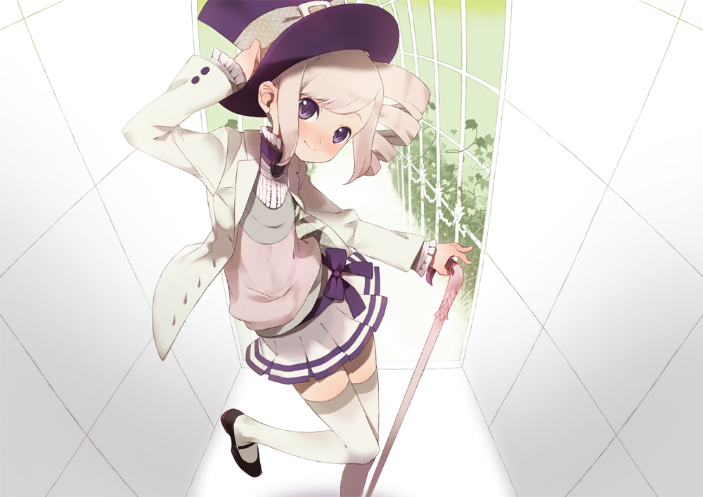 komagarita, komagata, original, bad id, bad pixiv id, blonde hair, cane, drill hair, hat, hat tip, purple eyes, ribbon, short hair, side ponytail, skirt, solo, thighhighs, top hat, zettai ryouiki