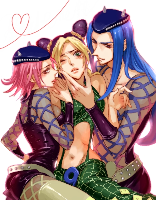 matsuo shin, kuujou jolyne, narciso anasui, jojo no kimyou na bouken, shoujo kakumei utena, bad id, bad pixiv id, 1boy, 2girls, bisexual female, blonde hair, blue hair, cone hair bun, double bun, dual persona, genderswap, genderswap (mtf), hair bun, heart, heart of string, long hair, midriff, multicolored hair, multiple girls, one eye closed, parody, pink hair, short hair, simple background, two-tone hair, white background