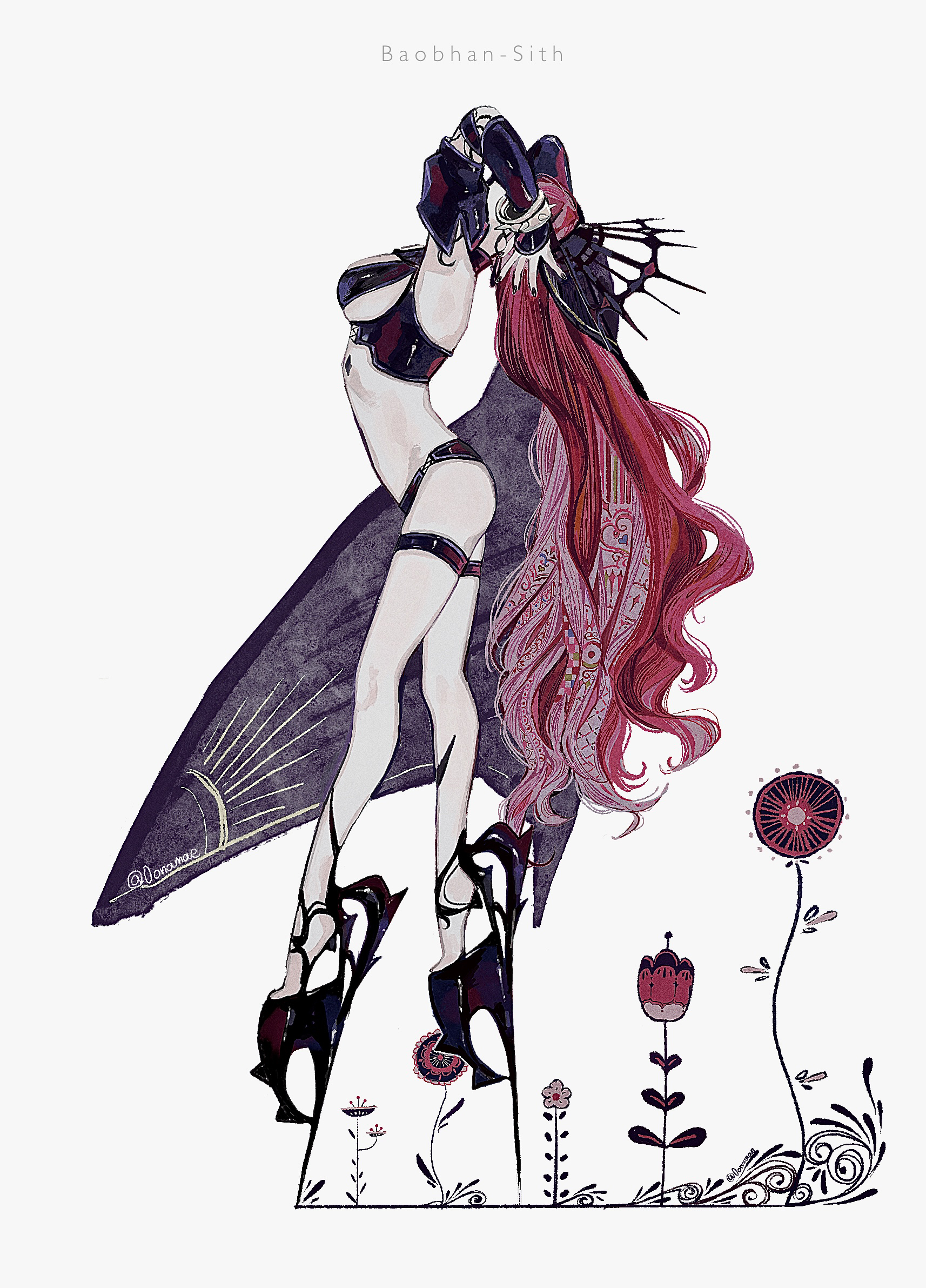 0onamae, baobhan sith (fate), baobhan sith (second ascension) (fate), fate/grand order, fate (series), highres, 1girl, arms up, breasts, detached sleeves, from side, full body, grey eyes, high heels, long hair, looking at viewer, looking up, pink hair, solo, thigh strap, veil, white background