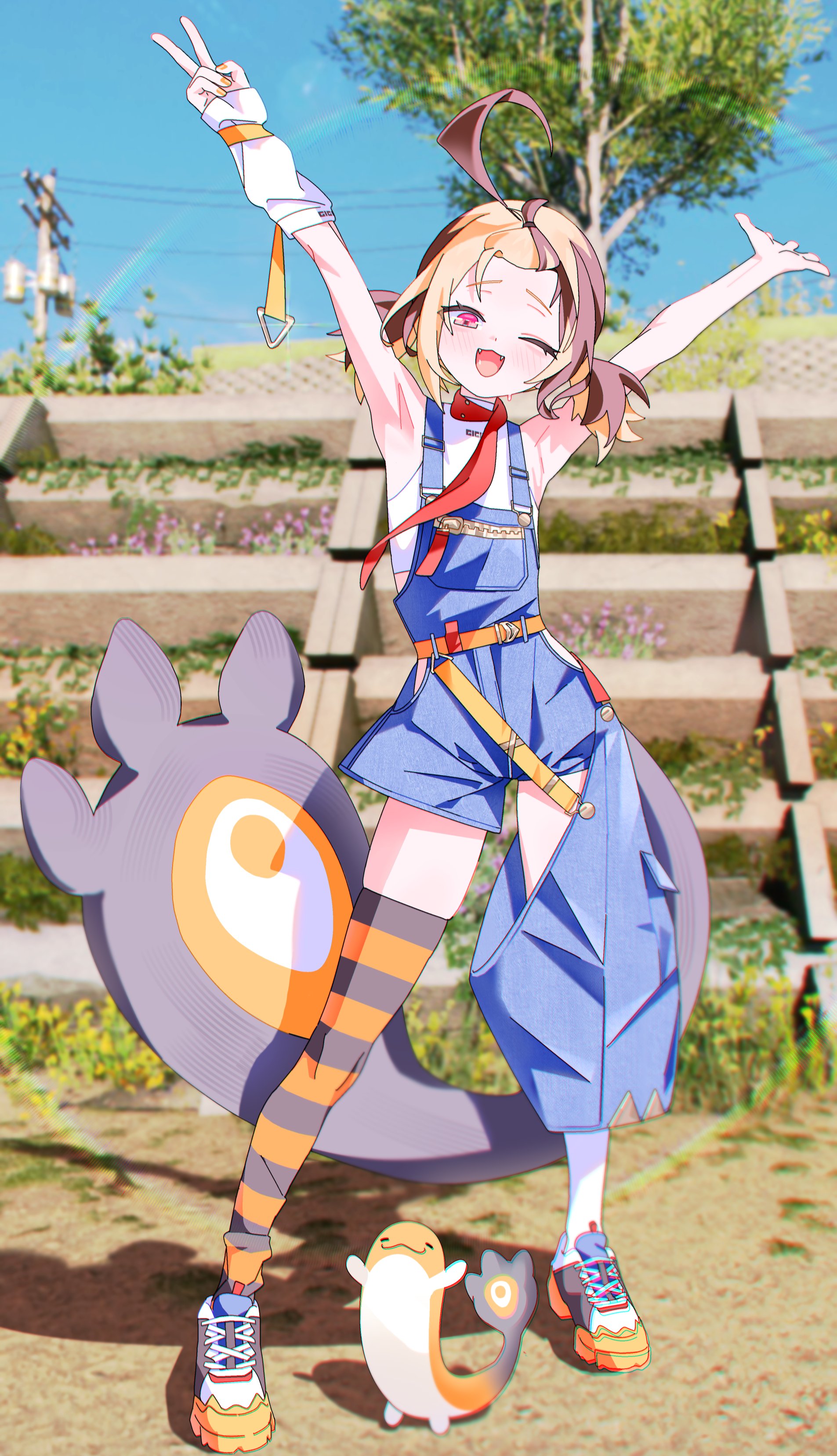gurumie, gigi murin, holojustice, hololive, hololive english, absurdres, clothing request, commentary, english commentary, highres, 1girl, ;d, armpits, arms up, asymmetrical legwear, belt, blonde hair, blue overalls, blue sky, blurry, blurry background, brown hair, chromatic aberration, day, fangs, flat chest, grass, leaf, light blush, looking at viewer, mismatched legwear, multicolored hair, one eye closed, open mouth, orange belt, outdoors, outstretched arms, overalls, rainbow, sand, shadow, shoes, short shorts, shorts, sidelocks, sky, smile, sneakers, solo, stairs, standing, striped clothes, striped thighhighs, thighhighs, tongue, tree, twintails, two-tone hair, v, white arm warmers, yellow nails, zipper pull tab