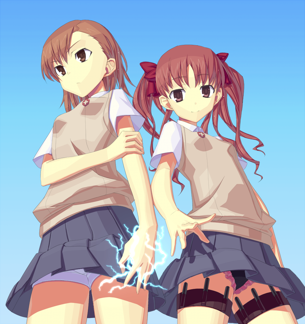 fondolger, misaka mikoto, shirai kuroko, toaru kagaku no railgun, toaru majutsu no index, bad id, bad pixiv id, 00s, 2girls, brown eyes, brown hair, electricity, electrokinesis, female focus, fondoler, gradient background, hair ribbon, multiple girls, panties, ribbon, school uniform, short hair, shorts, skirt, thigh strap, twintails, underwear, upskirt