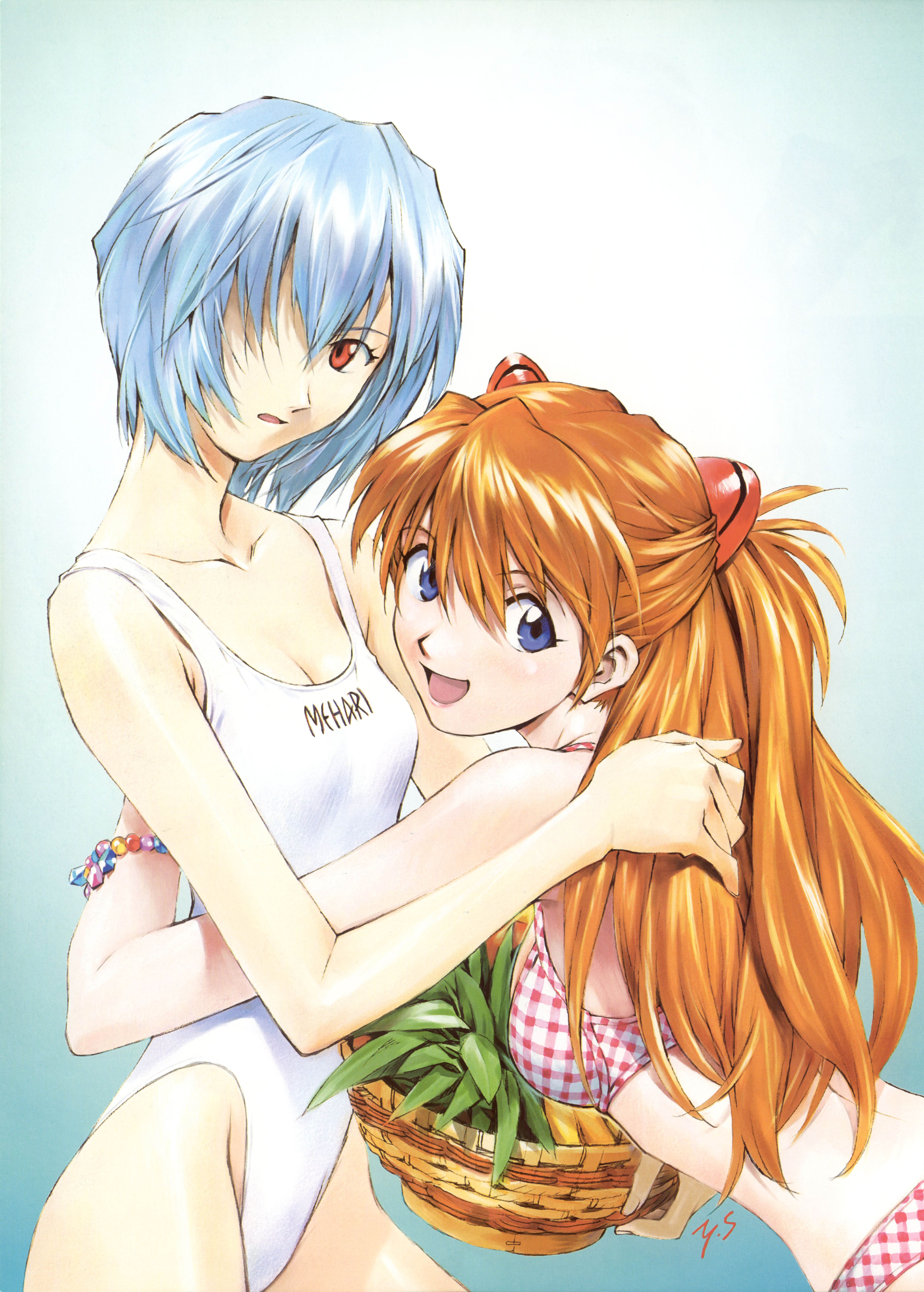 sadamoto yoshiyuki, ayanami rei, souryuu asuka langley, citroen, neon genesis evangelion, highleg swimsuit, absurdres, duplicate, highres, official art, scan, 2girls, :d, :o, alternate costume, back, banana, basket, beads, bikini, blue eyes, blue hair, bracelet, breasts, casual one-piece swimsuit, cleavage, clothes writing, cowboy shot, food, from side, fruit, gradient background, groin, hair between eyes, hair ornament, hair over one eye, head tilt, highleg, holding, hug, jewelry, leaf, leaning forward, long hair, looking at viewer, looking back, multiple girls, official alternate costume, one-piece swimsuit, open mouth, orange hair, plaid bikini, plaid clothes, purple eyes, red bikini, red eyes, red hair, shiny skin, short hair, sideboob, signature, skinny, small breasts, smile, swimsuit, two side up, white one-piece swimsuit, wide hips