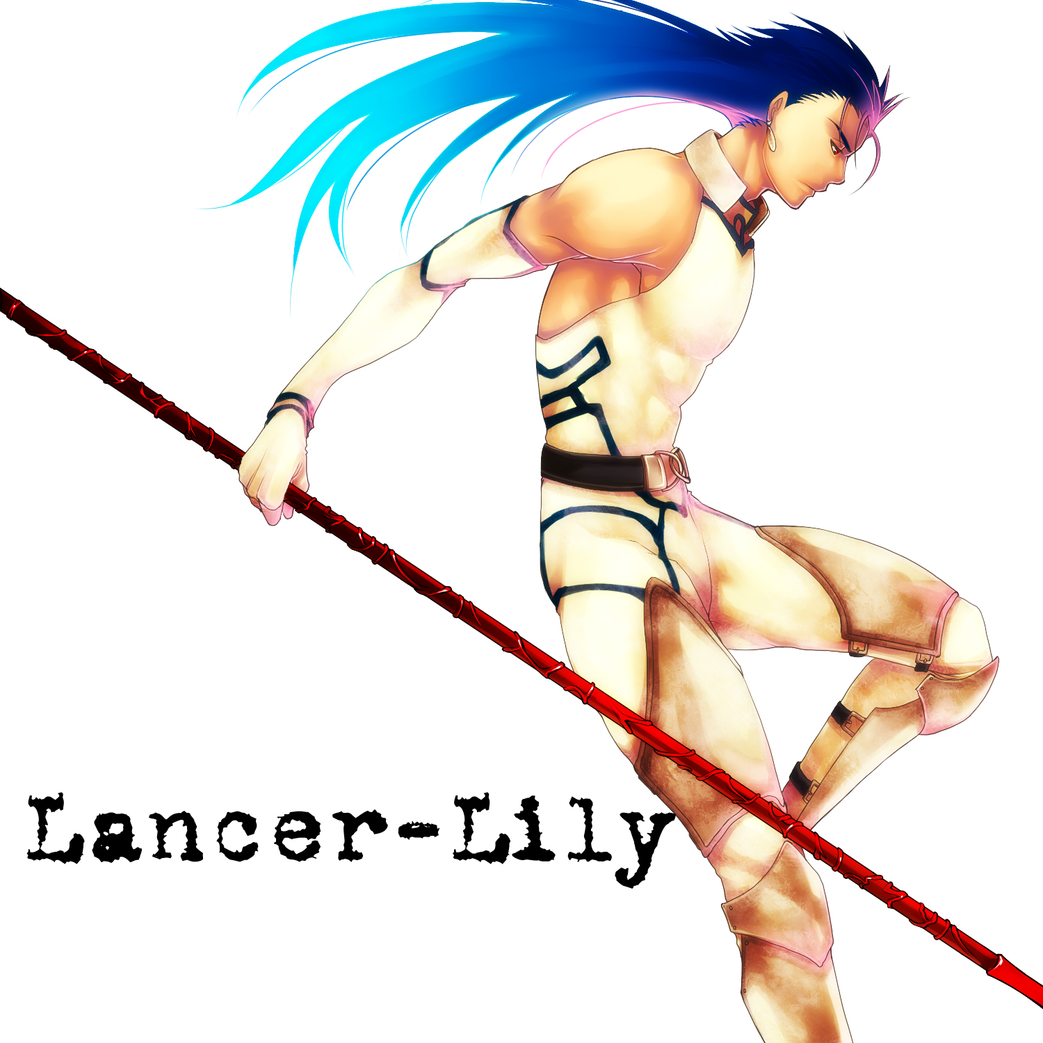 yu (8dgc4mfc), cu chulainn (fate), cu chulainn (lancer) (fate), lancer lily, fate/stay night, fate (series), type-moon, bad id, bad pixiv id, highres, 00s, 1boy, bare shoulders, belt, blue hair, character name, earrings, elbow gloves, gae bolg (fate), gloves, jewelry, long hair, male focus, mullet, polearm, shin guards, simple background, solo, spear, weapon