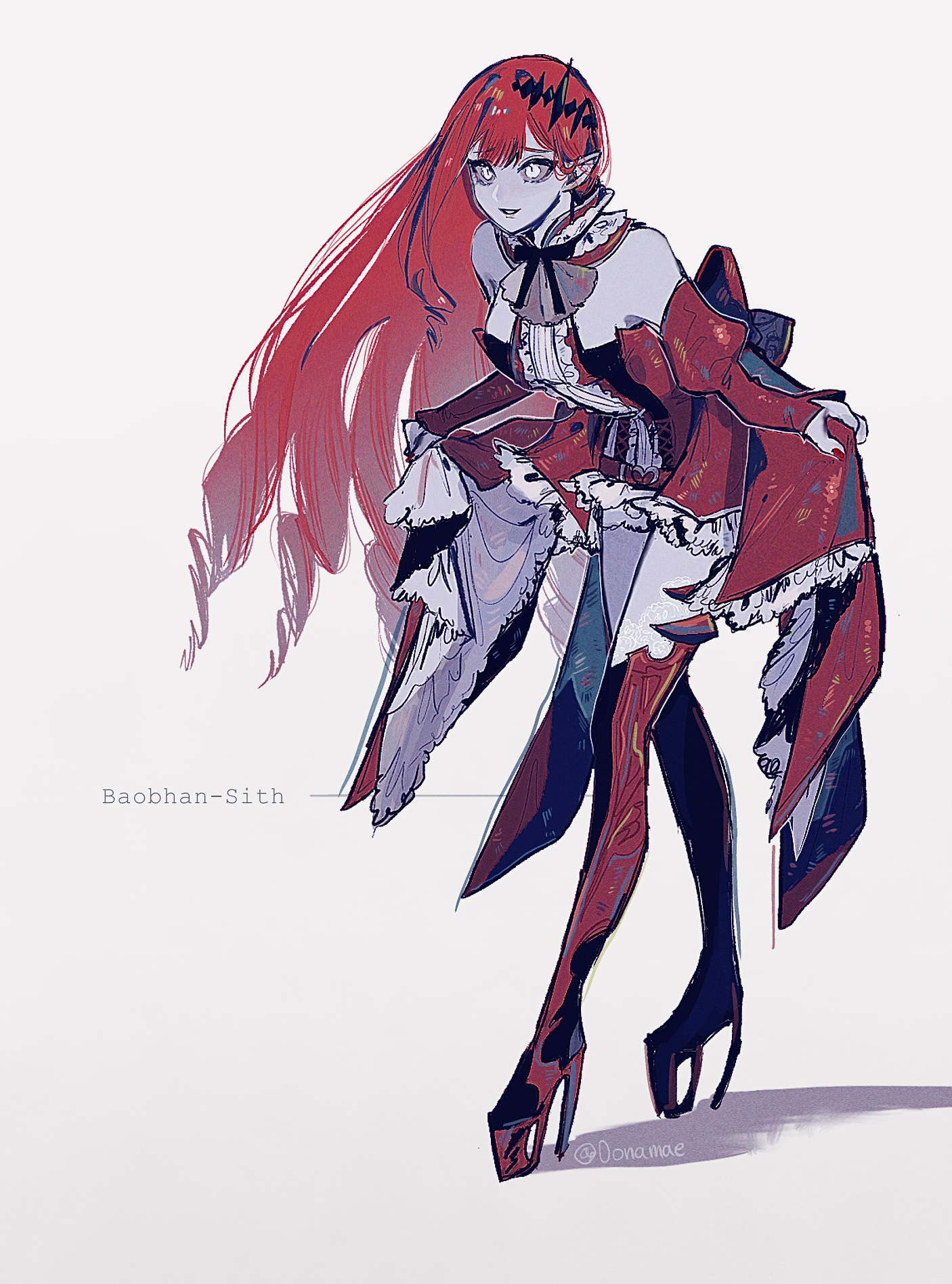 0onamae, baobhan sith (fate), baobhan sith (first ascension) (fate), fate/grand order, fate (series), commentary request, highres, 1girl, bare shoulders, belt, black ribbon, boots, character name, colored sclera, colored skin, curtsey, dress, drill hair, fingernails, full body, grey skin, heart, heart belt, high heels, long fingernails, long hair, parted lips, pointy ears, puffy sleeves, red belt, red boots, red dress, red hair, red nails, ribbon, smile, solo, teeth, thigh boots, thighhighs, tiara, twitter username, white eyes