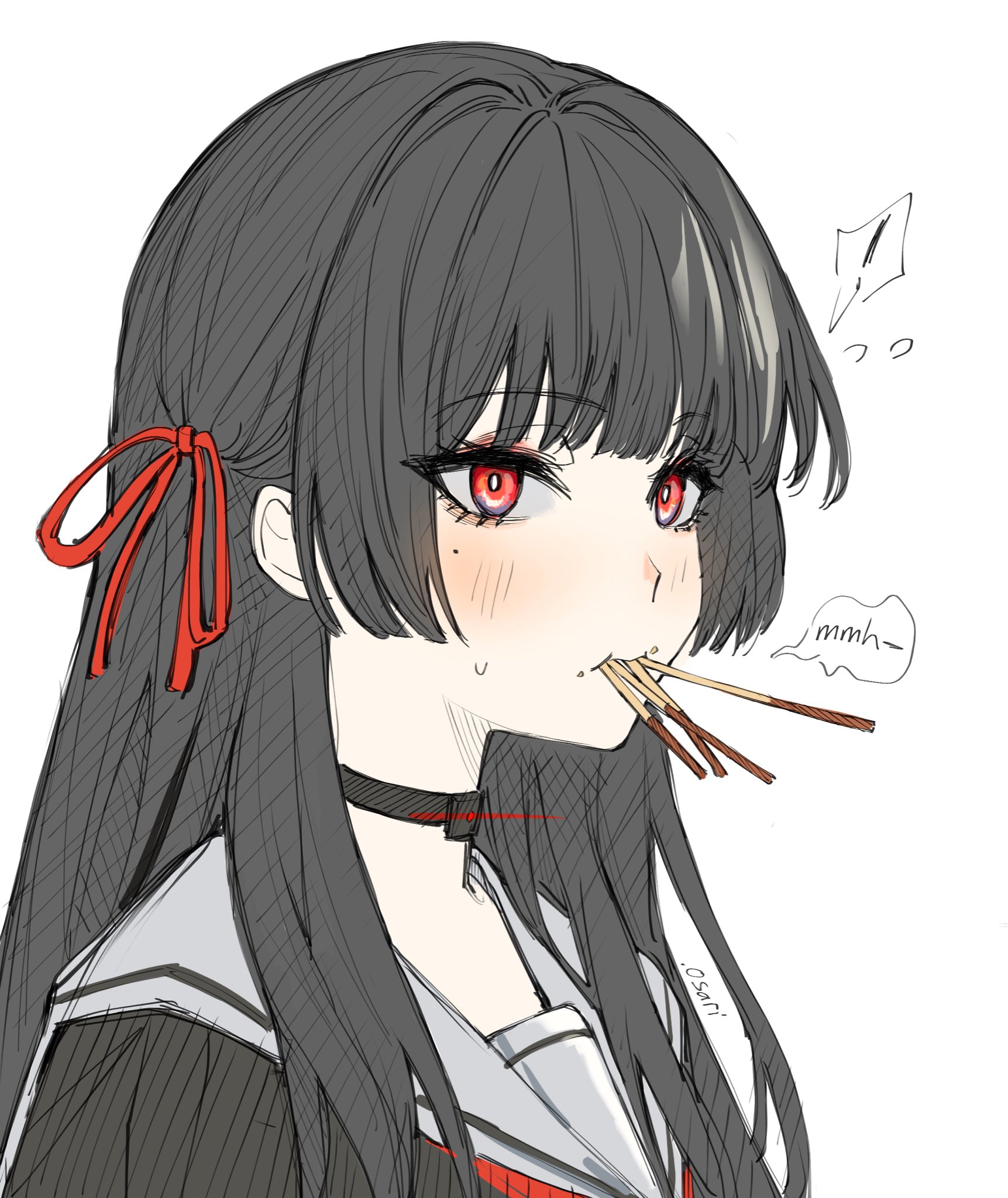 chisa (wuthering waves), wuthering waves, highres, .osari, 1girl, black choker, black hair, black serafuku, black shirt, blush, choker, food, food in mouth, from side, hair ribbon, long hair, mole, mole under eye, neckerchief, pocky, pocky in mouth, red eyes, red neckerchief, red ribbon, ribbon, sailor collar, school uniform, serafuku, shirt, simple background, solo, upper body, white background, white sailor collar
