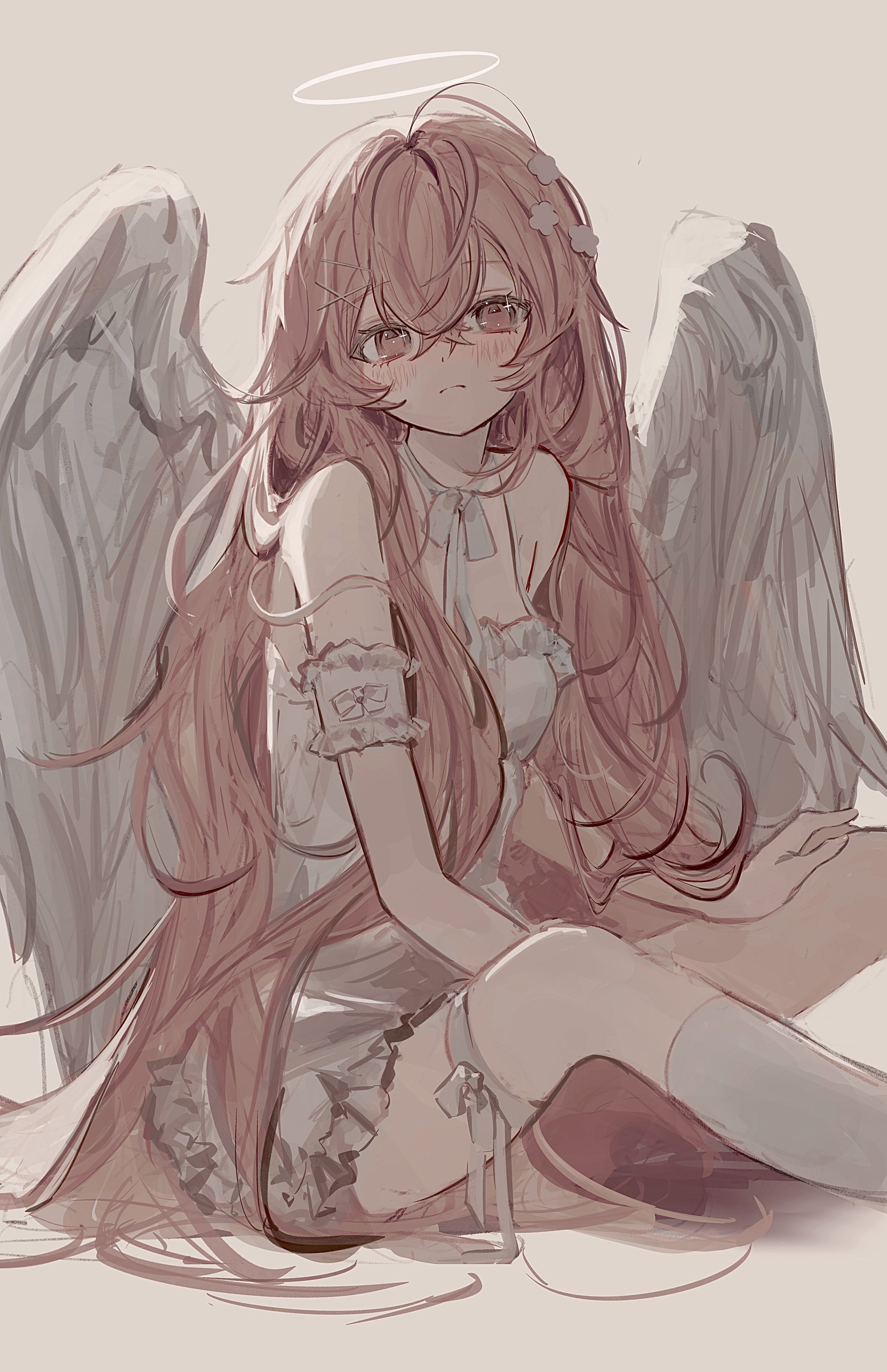 sushineko8, original, absurdres, highres, 1girl, angel, angel wings, blush, closed mouth, halo, long hair, red hair, sitting, solo, very long hair, wings