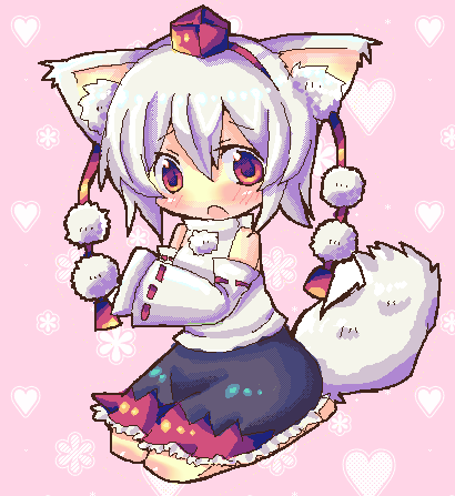 chocolat (momoiro piano), inubashiri momiji, touhou, bad id, bad pixiv id, lowres, 1girl, animal ears, barefoot, blush, chibi, detached sleeves, female focus, oekaki, red eyes, seiza, short hair, sitting, solo, tail, white hair, wolf ears, wolf tail
