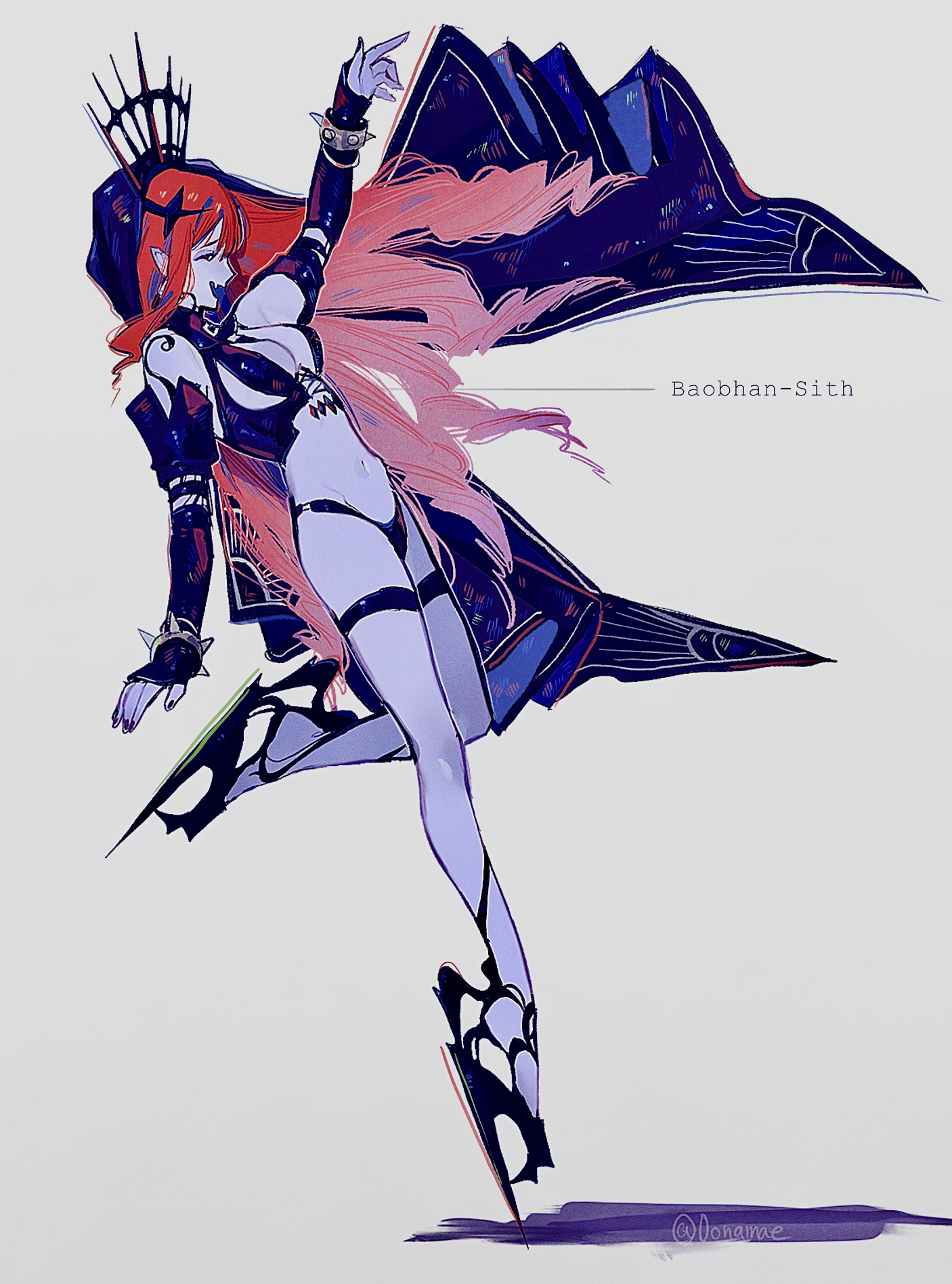 0onamae, baobhan sith (fate), baobhan sith (second ascension) (fate), fate/grand order, fate (series), highres, 1girl, bracelet, breasts, detached sleeves, from side, full body, hand up, high heels, jewelry, long hair, navel, pink hair, pointy ears, revealing clothes, smile, solo, spiked bracelet, spikes, standing, standing on one leg, veil, white background
