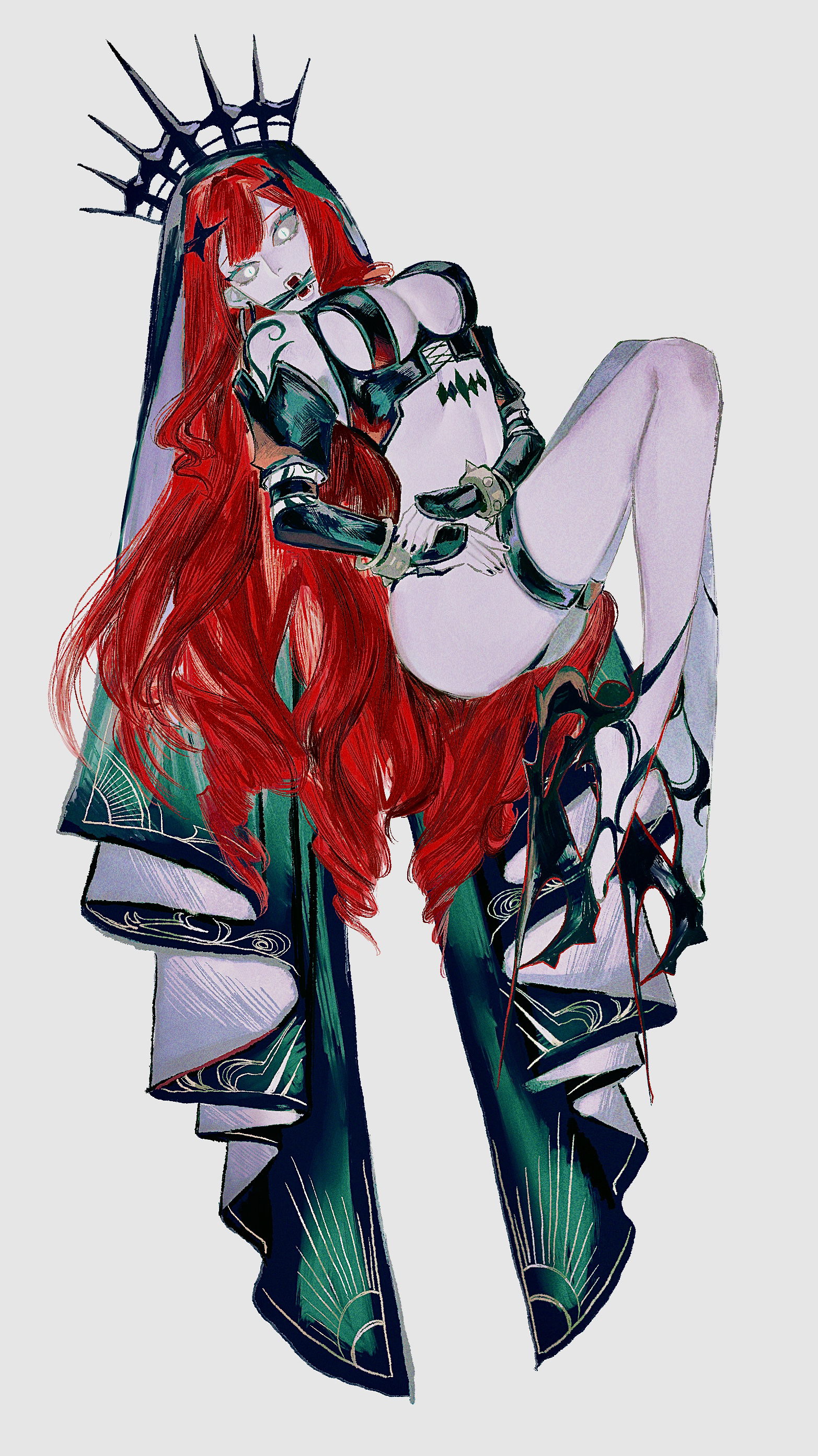 0onamae, baobhan sith (fate), baobhan sith (second ascension) (fate), fate/grand order, fate (series), absurdres, commentary request, highres, 1girl, arm tattoo, bare shoulders, black nails, bracelet, colored sclera, colored skin, detached sleeves, earrings, eyelashes, fangs, fingernails, gagged, gold bracelet, grey background, grey sclera, grey skin, high heels, hoop earrings, jewelry, long hair, open mouth, pointy ears, red hair, shoulder tattoo, simple background, single earring, slit pupils, solo, spiked bracelet, spikes, stomach tattoo, tattoo, thigh strap, tiara, twitter username, very long hair, white eyes