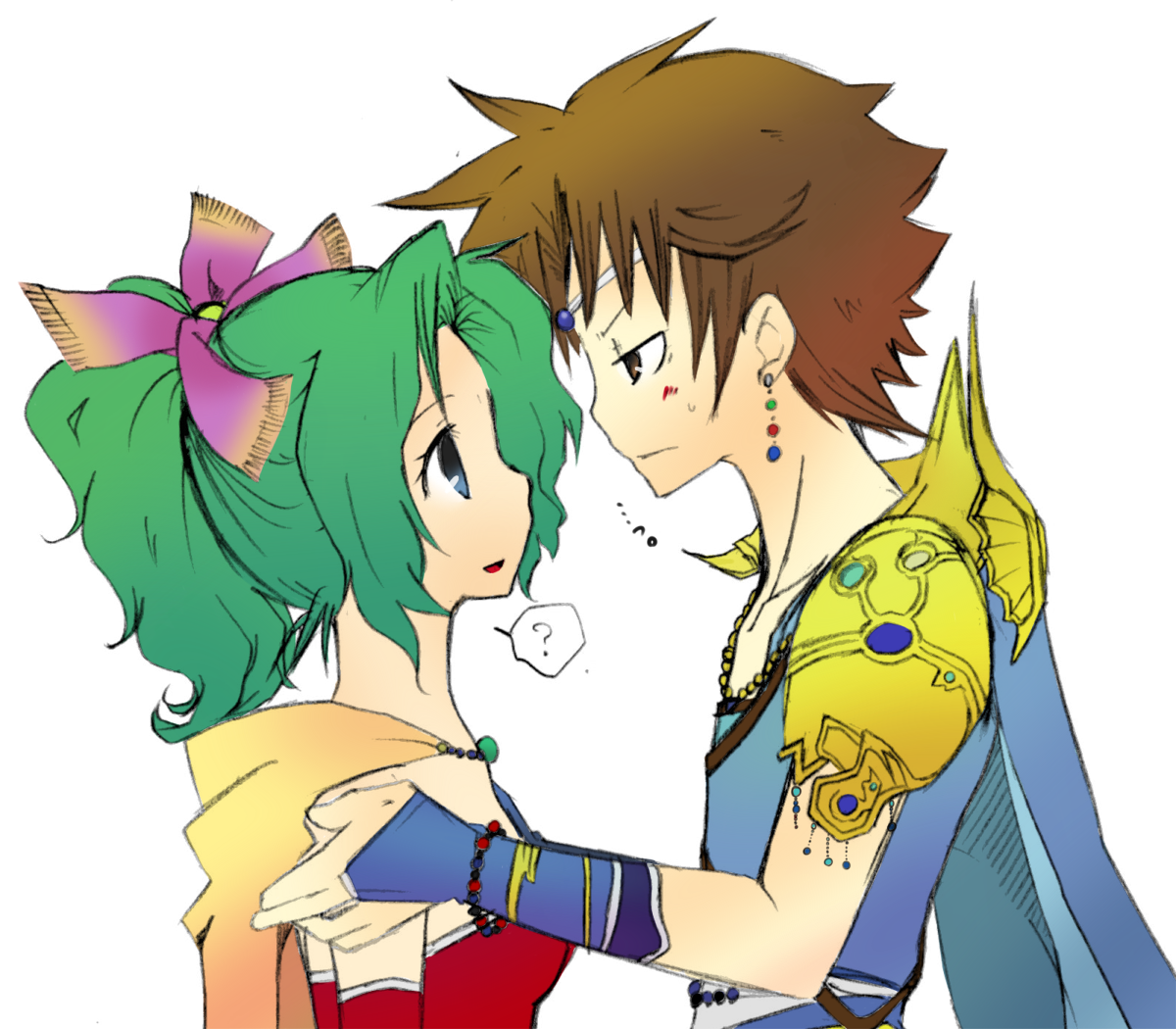 ruku, bartz klauser, tina branford, dissidia final fantasy, final fantasy, final fantasy v, final fantasy vi, 1990s (style), 1boy, 1girl, ?, bow, bracelet, brown hair, dress, earrings, green hair, jewelry, long hair, pink bow, profile, retro artstyle, scarf, simple background