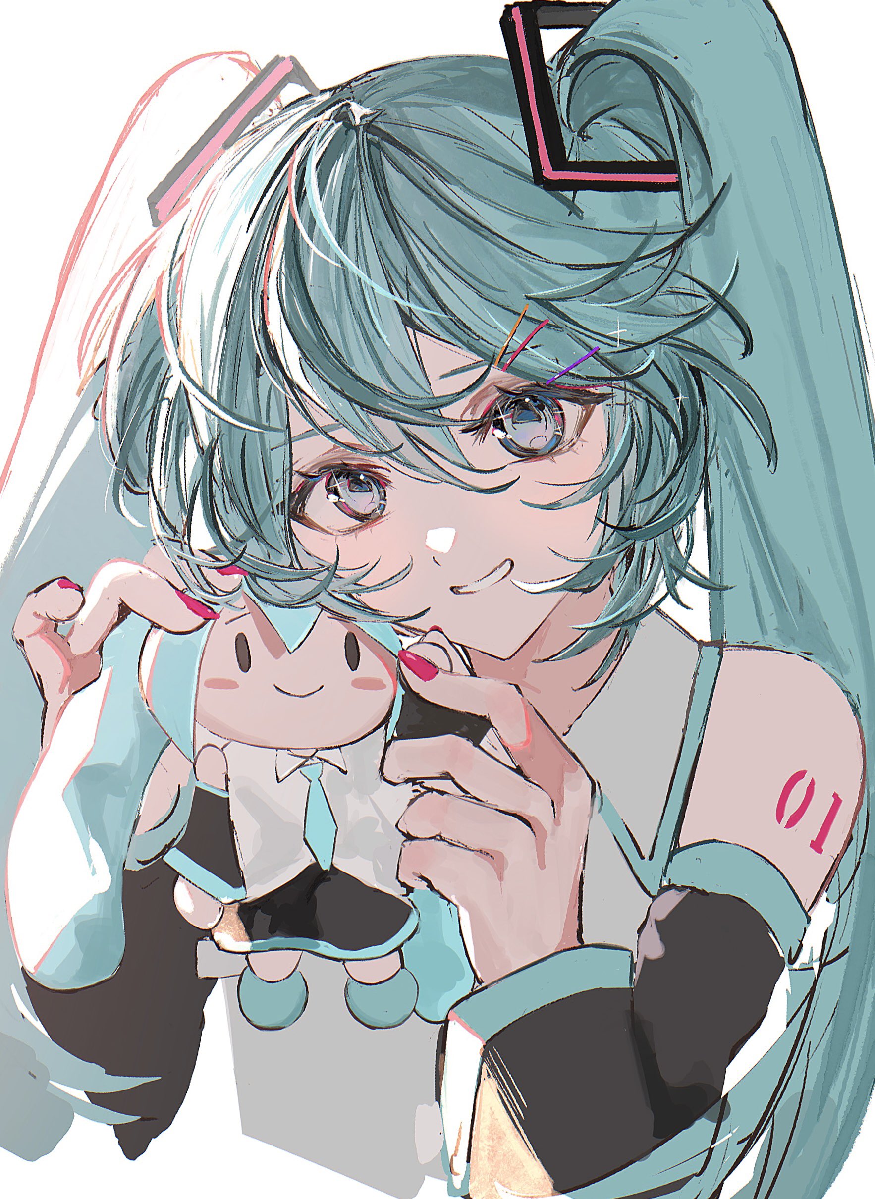 sushineko8, hatsune miku, vocaloid, absurdres, highres, arm tattoo, fingernails, green eyes, green hair, hair ornament, holding, long hair, smile, stuffed toy, tattoo, white background
