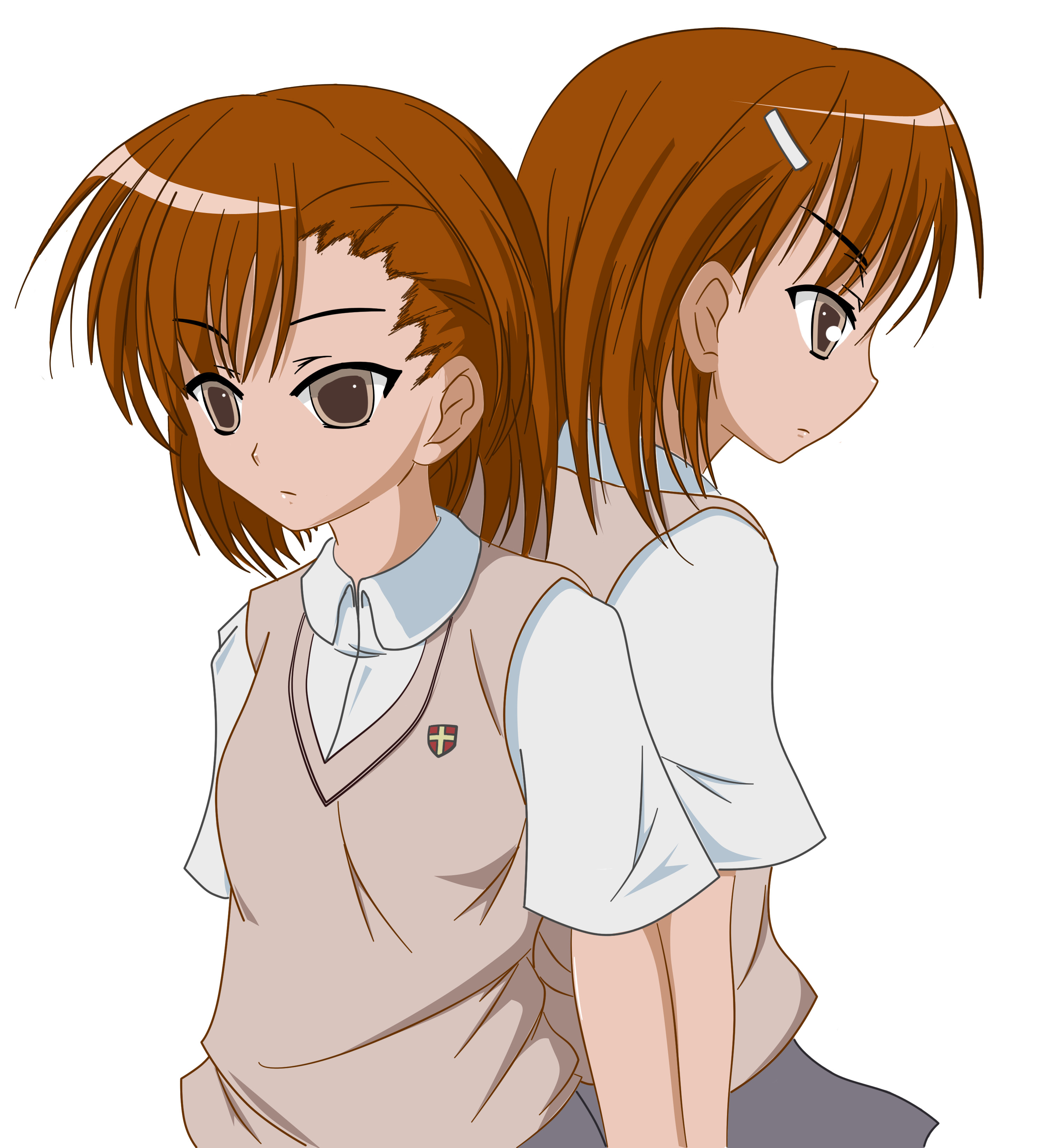 misaka mikoto, toaru majutsu no index, absurdres, highres, 00s, 2girls, back-to-back, clone, multiple girls, school uniform