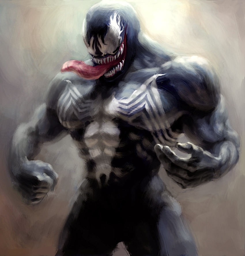 yona, spider-man, venom (marvel), marvel, spider-man (series), 1boy, abs, clenched hand, cowboy shot, fang, klyntar, male focus, manly, muscular, solo, symbiote, tongue