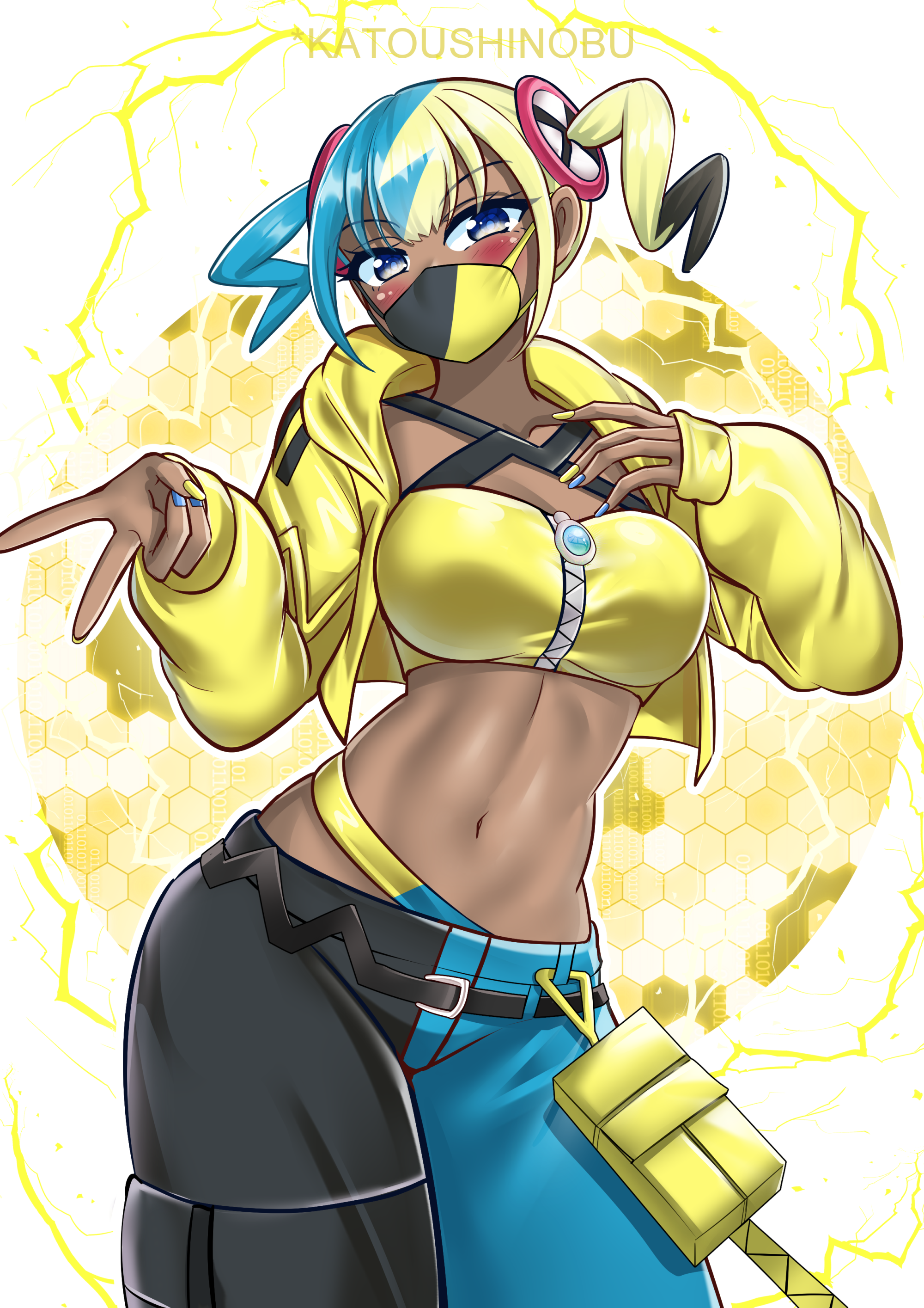 katou shinobu, canari (pokemon), nintendo, pokemon, pokemon legends: z-a, absurdres, highres, 1girl, aqua hair, bandeau, belt, black mask, blonde hair, breasts, checkered background, cleavage, criss-cross halter, crop top, curly sidelocks, english text, fake hair bun, halterneck, jacket, large breasts, mask, mega ring, mega stone, midriff, mouth mask, multicolored hair, navel, pants, solo, split-color clothes, split-color hair, stomach, strapless, tube top, twintails, two-tone hair, two-tone mask, yellow background, yellow bandeau, yellow jacket, yellow mask, yellow tube top