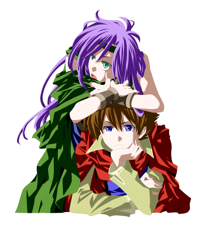 kurosuema, bartz klauser, faris scherwiz, final fantasy, final fantasy v, 1990s (style), 1boy, 1girl, androgynous, bandana, breast rest, breasts, breasts on head, brown hair, crossed arms, head rest, leaning, leaning on head, on head, person on head, purple hair, reverse trap, tomboy