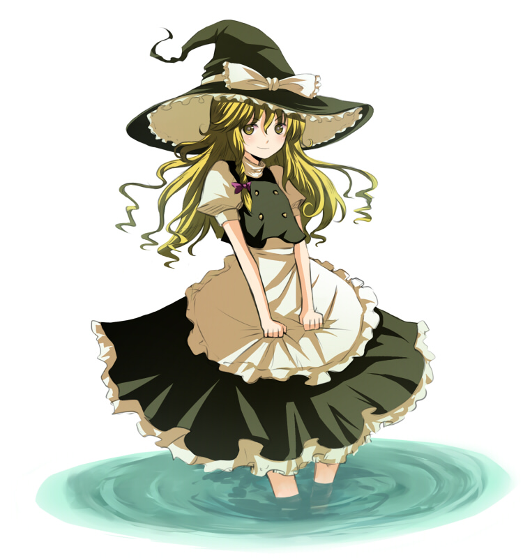 taha, kirisame marisa, touhou, 1girl, apron, apron grab, blonde hair, braid, clothes grab, female focus, hat, long hair, looking at viewer, side braid, simple background, smile, solo, wading, waist apron, water, witch, witch hat, yellow eyes
