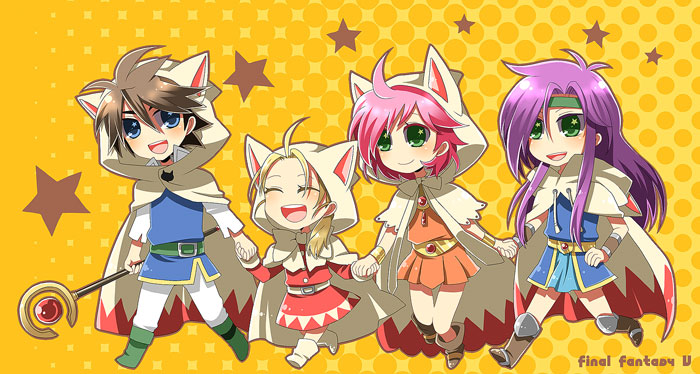 shooting428star, bartz klauser, faris scherwiz, krile mayer baldesion (ff5), lenna charlotte tycoon, white mage (final fantasy), final fantasy, final fantasy v, 1990s (style), 1boy, 3girls, :d, ahoge, animal ears, animal hood, blonde hair, cat hood, closed eyes, copyright name, green eyes, happy, holding hands, hood, long hair, multiple girls, open mouth, orange background, orange shirt, orange skirt, pink hair, purple hair, retro artstyle, robe, shirt, short hair, skirt, smile, staff, star (symbol)