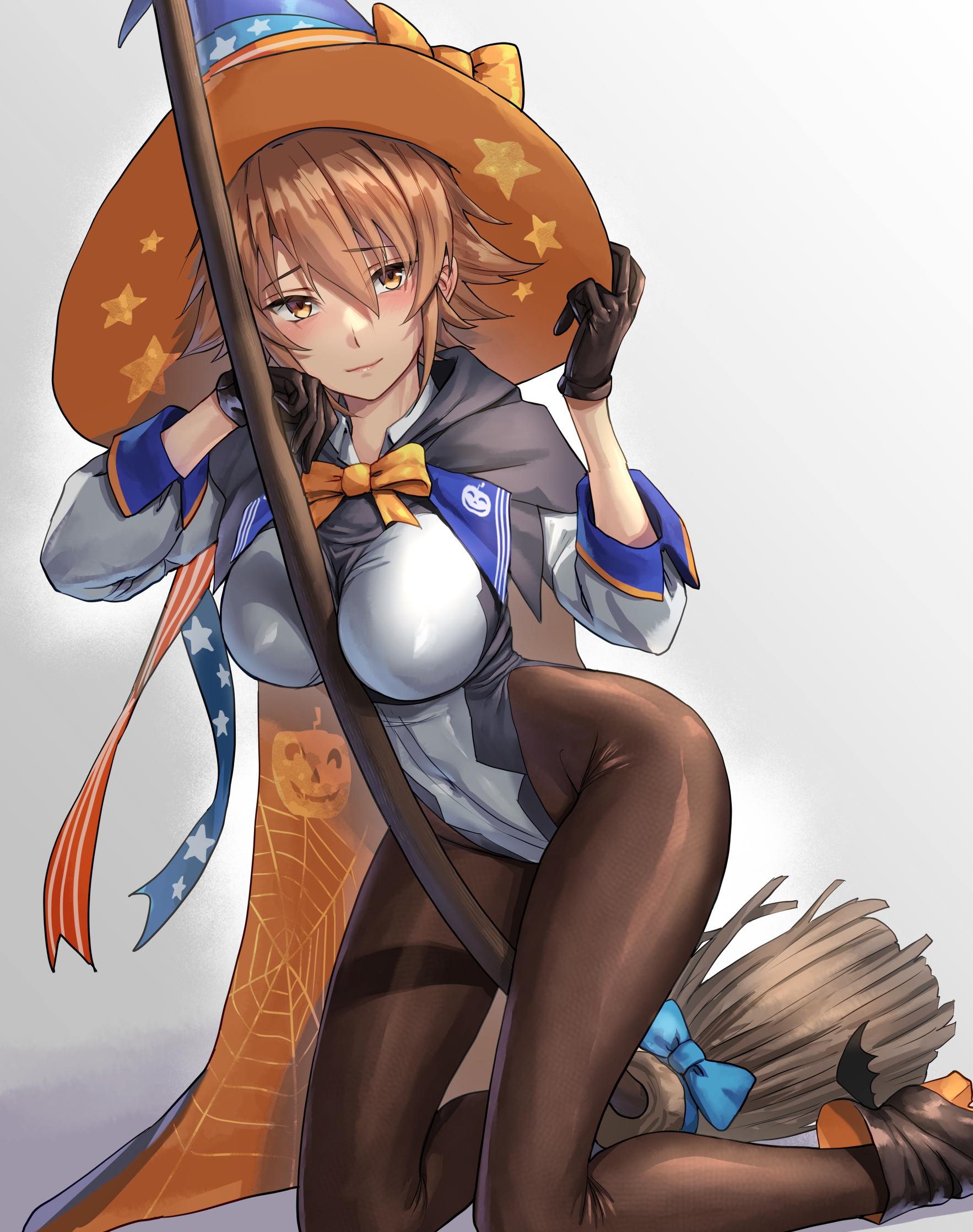 kokuzou, richard p. leary (kancolle), kantai collection, highres, 1girl, ankle boots, black boots, black gloves, black leotard, black pantyhose, blue hat, boots, breasts, broom, brown eyes, brown hair, cape, closed mouth, gloves, grey leotard, halloween costume, hand on headwear, hat, highleg, highleg leotard, kneeling, large breasts, leotard, light smile, looking at viewer, multicolored leotard, official alternate costume, orange hat, pantyhose, richard p. leary (halloween) (kancolle), short hair, simple background, sleeved leotard, solo, two-sided fabric, two-sided headwear, two-tone leotard, witch hat