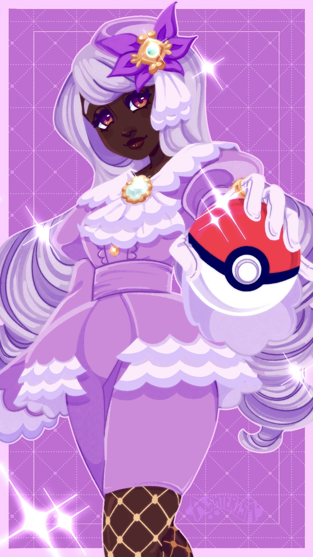 bitterbatbaby, jacinthe (pokemon), nintendo, pokemon, pokemon legends: z-a, highres, 1girl, ascot, brooch, brown eyes, cowboy shot, dark-skinned female, dark skin, dress, fishnet pantyhose, fishnets, frilled ascot, frilled dress, frilled sleeves, frills, glint, gloves, gold ring, hair ornament, holding, holding poke ball, jewelry, juliet sleeves, lipgloss, long hair, long sleeves, looking at viewer, low drills, outstretched hand, pantyhose, pencil dress, poke ball, poke ball (basic), puffy sleeves, purple dress, purple hair, smile, solo, sparkle, very dark skin