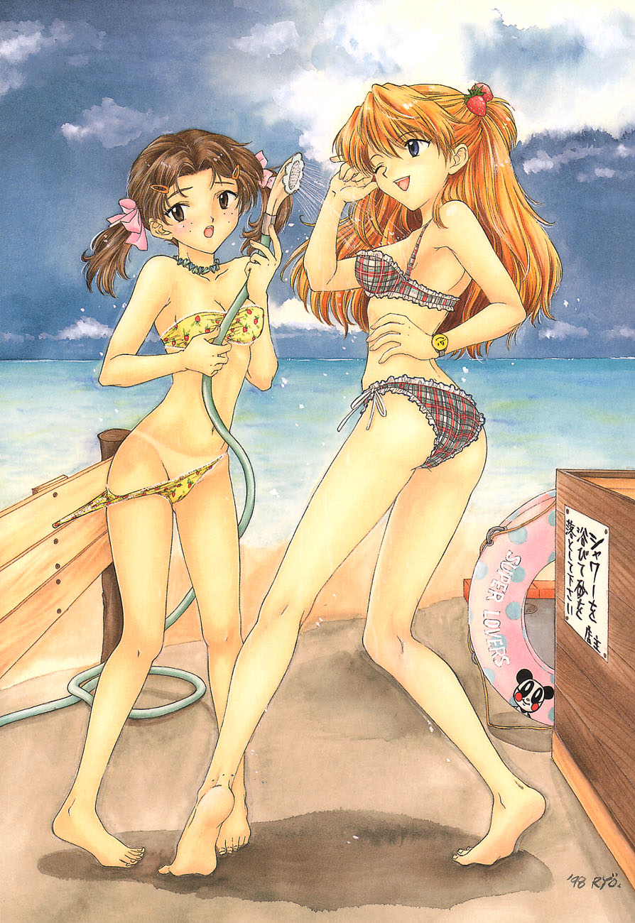 ozaki mirai, horaki hikari, souryuu asuka langley, neon genesis evangelion, highres, scan, 2girls, ass, bandeau, barefoot, beach, bikini, bikini pull, bikini tan, blue eyes, blush, breasts, brown eyes, brown hair, cleavage, clothes pull, cloud, day, feet, freckles, frilled bikini, frills, hose, innertube, kneepits, long hair, medium breasts, multiple girls, ocean, one eye closed, open mouth, orange hair, outdoors, pigeon-toed, plaid bikini, plaid clothes, pulling another's clothes, purple eyes, red hair, short hair, sky, small breasts, smile, smiley face, soles, surprised, swim ring, swimsuit, tan, tanline, tiptoes, twintails, wardrobe malfunction, watch, water, wink, wristwatch, yellow bikini
