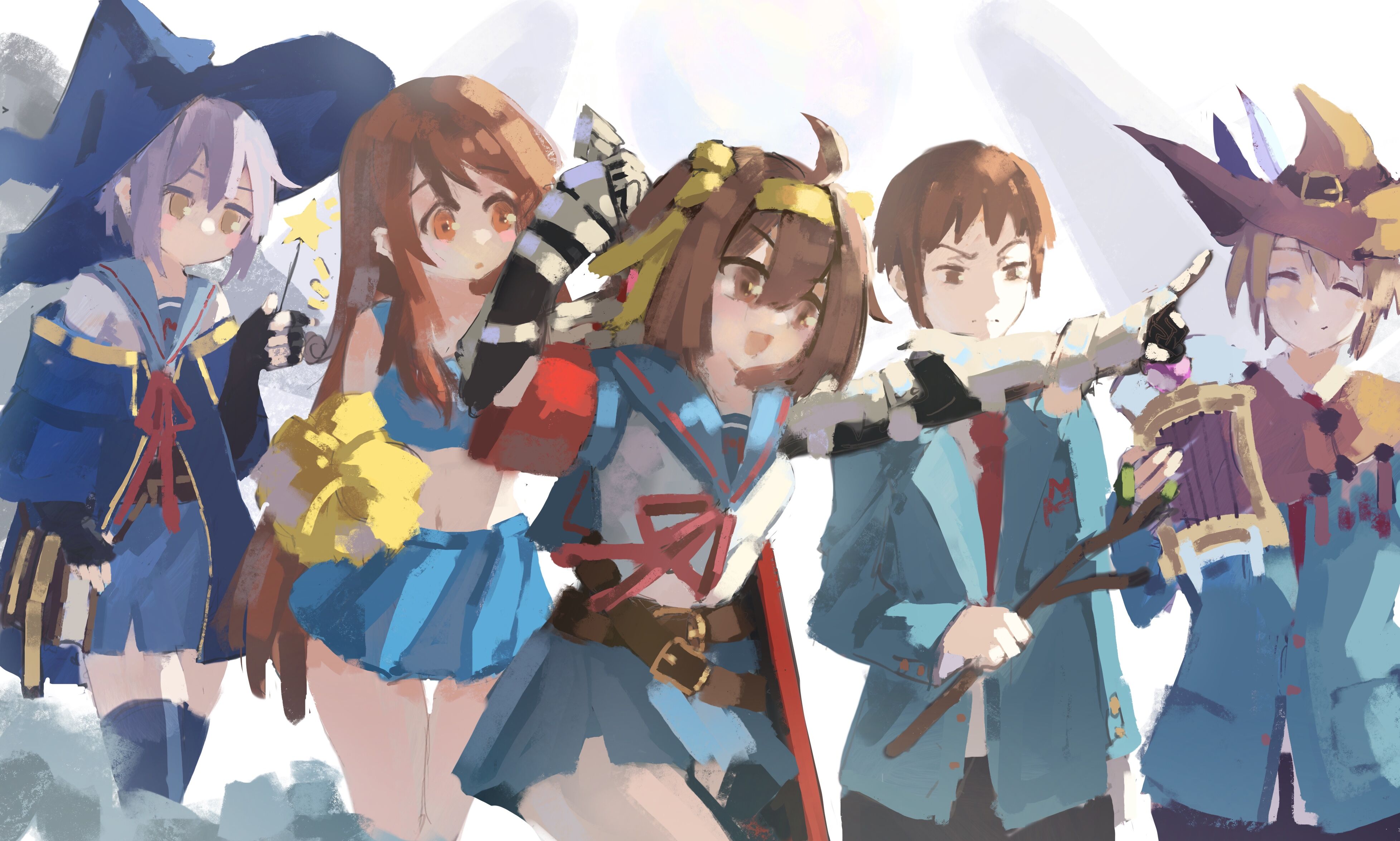 denpajin-ryuushi, asahina mikuru, koizumi itsuki, kyon, nagato yuki, suzumiya haruhi, suzumiya haruhi no yuuutsu, absurdres, commentary, english commentary, highres, style request, 2boys, 3girls, :d, ^ ^, armband, belly, belt, blue cape, blue hat, blue jacket, blue sailor collar, blue skirt, blue thighhighs, blush, brown eyes, brown hair, cape, cheerleader, closed eyes, fingerless gloves, frown, gloves, hair ribbon, hairband, hat, hat feather, holding, holding pom poms, holding wand, jacket, kita high school uniform, kneehighs, large hat, long hair, long sleeves, medium hair, miniskirt, multiple boys, multiple girls, navel, necktie, open clothes, open jacket, open mouth, outstretched arm, pleated skirt, pom pom (cheerleading), pom poms, purple hair, red armband, red necktie, red ribbon, ribbon, sailor collar, school uniform, serafuku, shirt, short hair, short sleeves, skirt, smile, socks, star (symbol), summer uniform, tank top, thighhighs, wand, white shirt, witch hat, yellow eyes, yellow hairband, yellow ribbon
