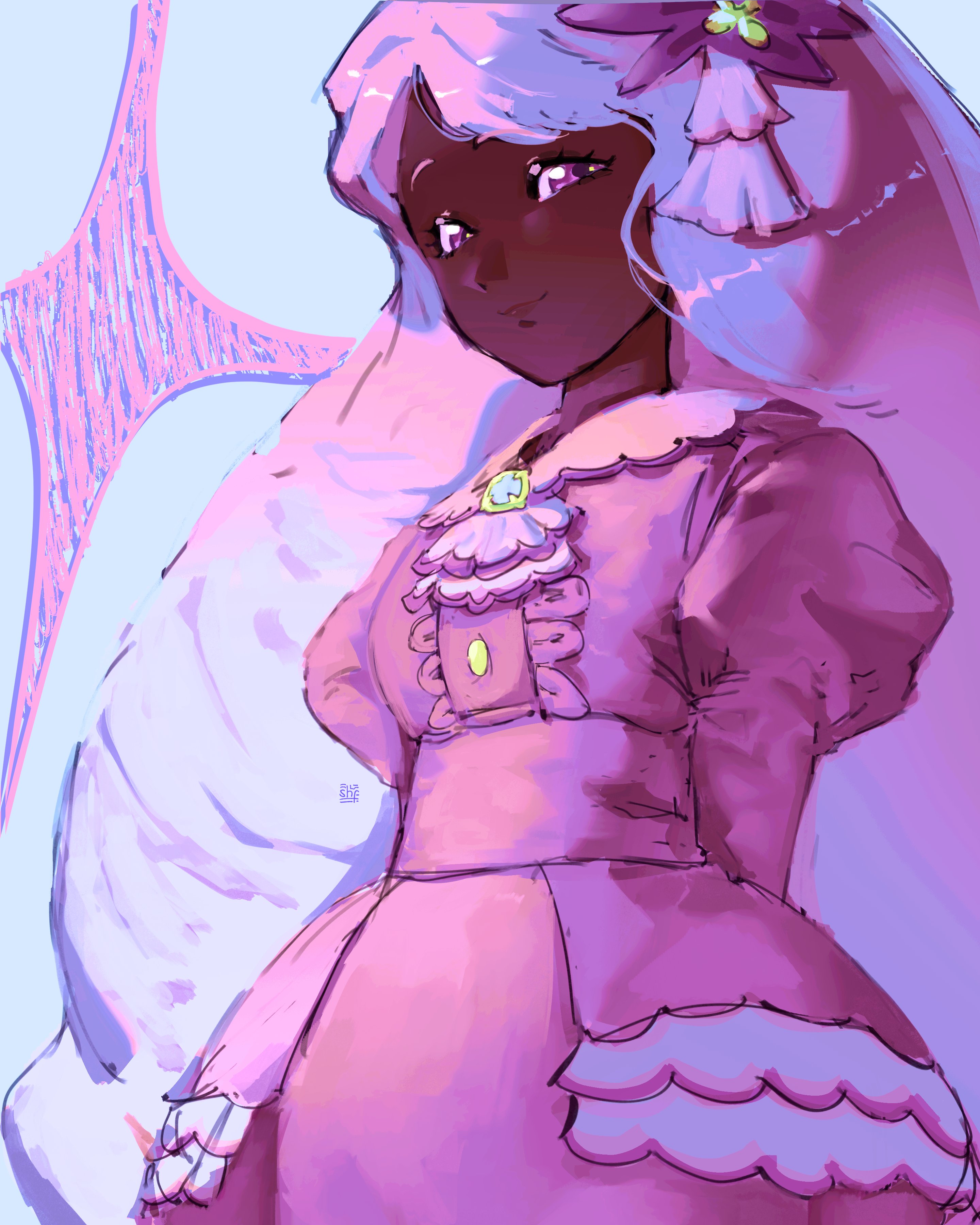 jacinthe (pokemon), nintendo, pokemon, pokemon legends: z-a, absurdres, highres, 1girl, arms behind back, ascot, brooch, cowboy shot, dark-skinned female, dark skin, dress, fascinator, frilled ascot, frilled dress, frills, hfsean2, jewelry, juliet sleeves, long hair, long sleeves, looking at viewer, low drills, puffy sleeves, purple dress, purple eyes, purple hair, smile, very dark skin, very long hair
